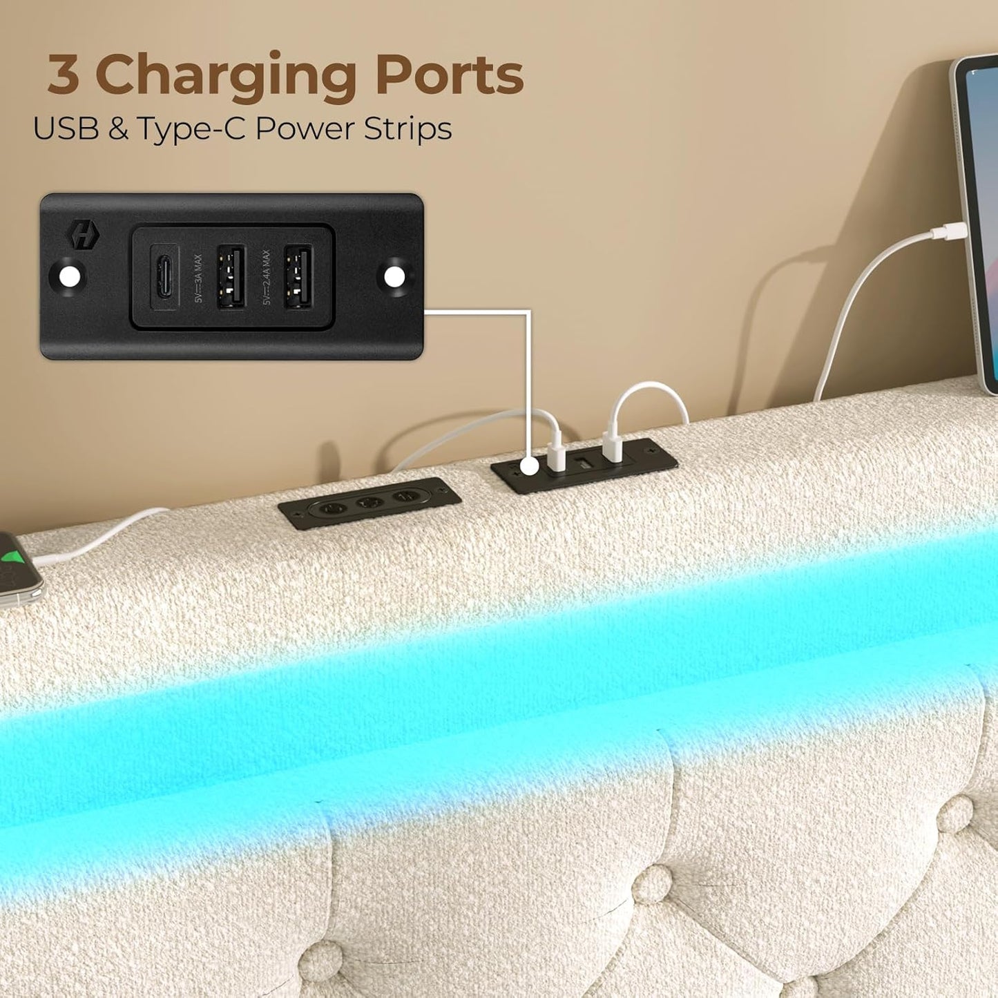 Rolanstar Full Size Bed Frame with 4 Storage Drawers and Charging Station, Full Bed with Led Lights, 2 USB & 1 Type C, Adjustable Headboard 38.9/40.10 Inches, No Box Spring Needed, White