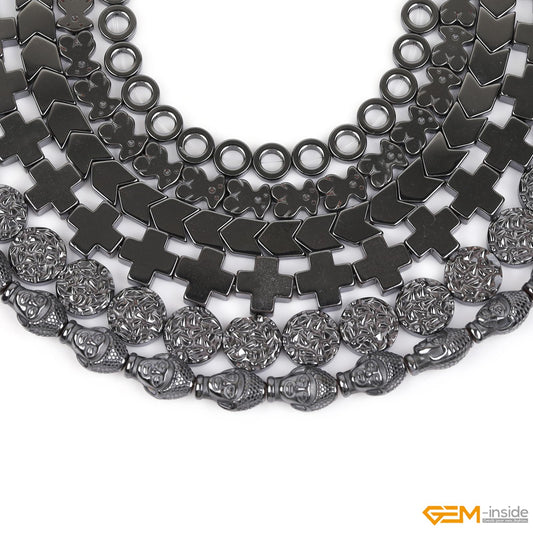 GEM-Inside 46pcs 8mm Natural Black Hematite Double Side Carved Maya Sun Sign Coin Beads for Bracelet Necklace Jewelry Making Power Energy Chakra Beads