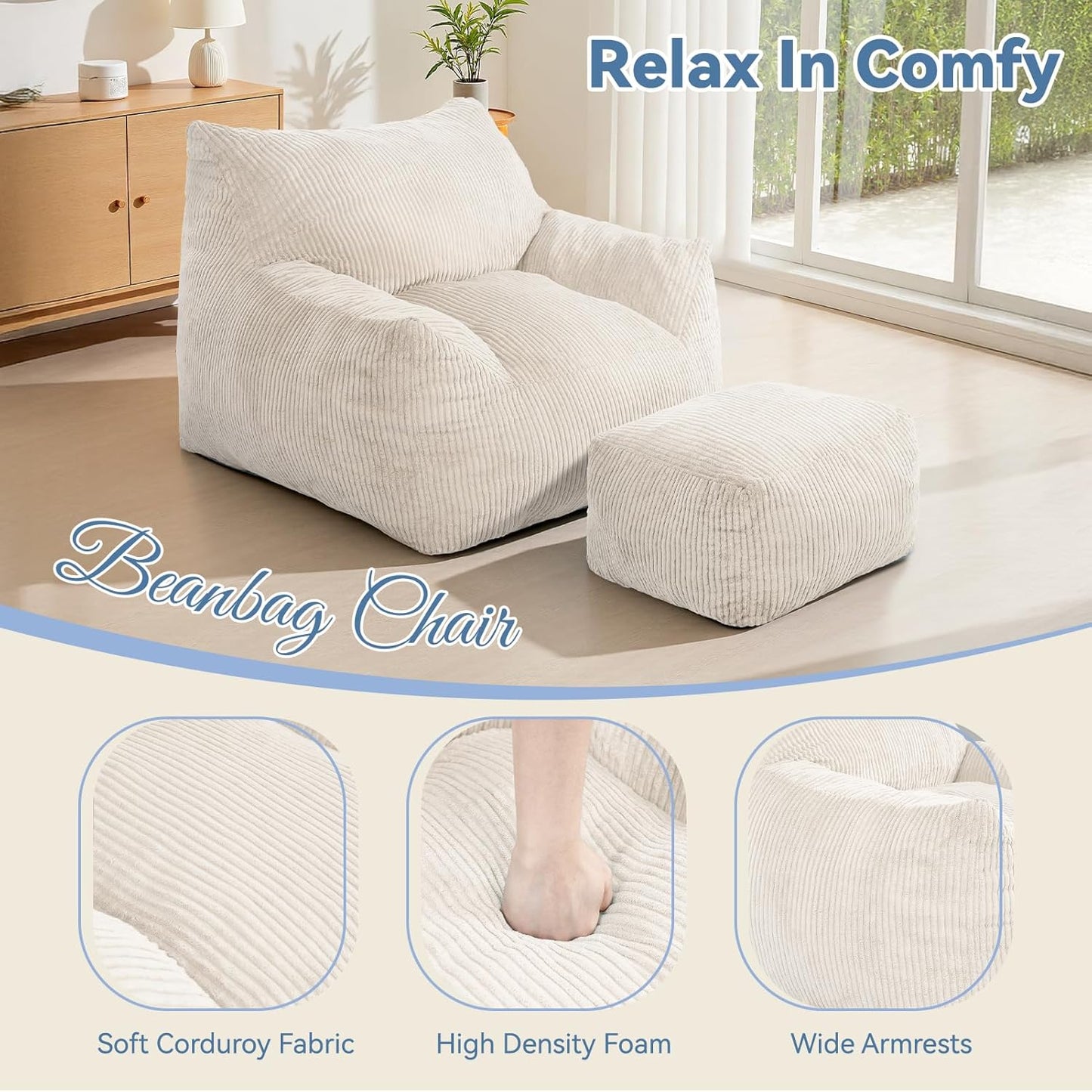 INMOZATA Bean Bag Chair for Adults, 3FT Beanbag Chair with Ottoman Pre-Filled Fluffy Lazy Chair Corded Fabric Accent Chair for Bedroom Living Room Dorm (Ivory)