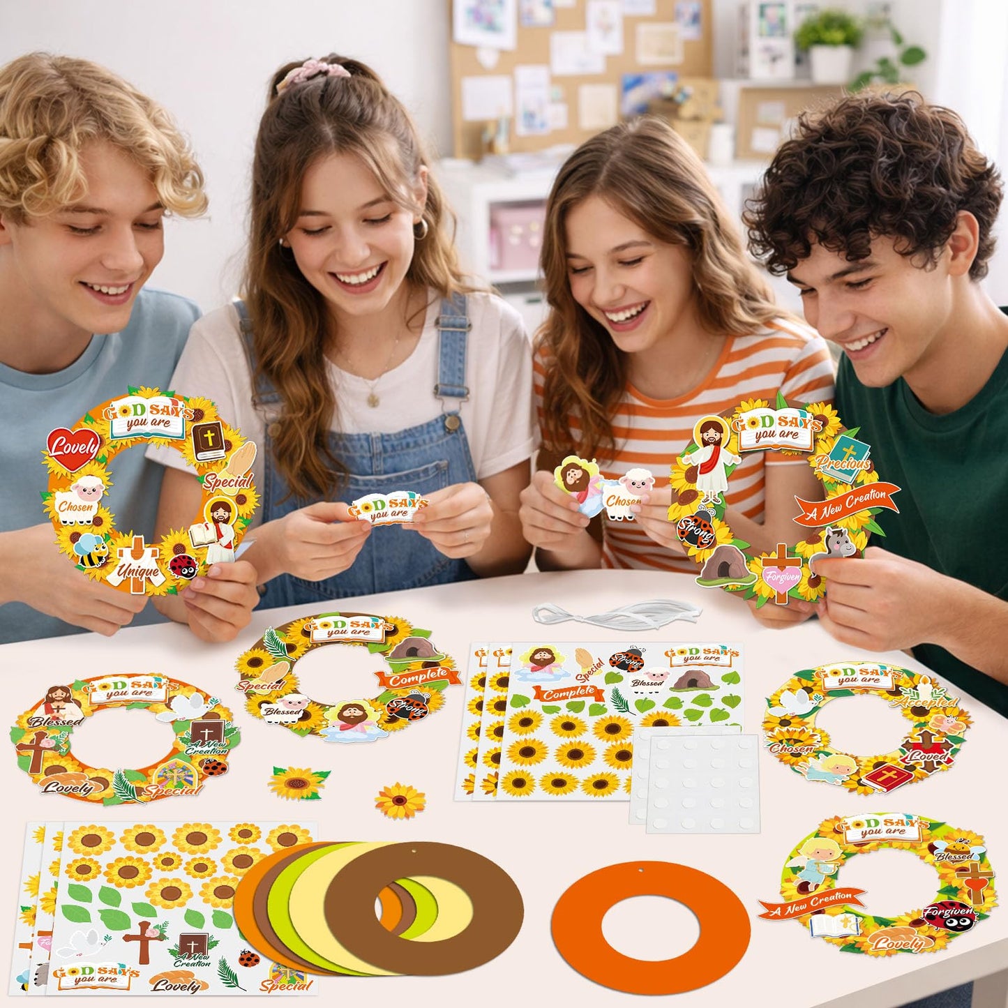 24 Sets Sunflower Religious Craft Kit Christian DIY Spring Wreath Crafts Kit with Jesus Bible Sunflowers Stickers Hanging Ornament for Spring Summer Sunday School Church Activities Home Decor