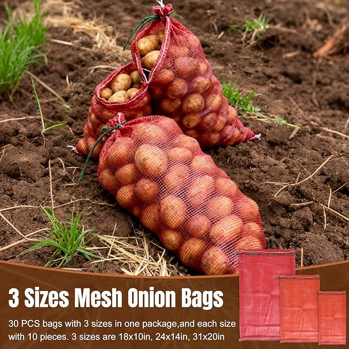 30 Pack 3 Sizes Mesh Onion Bags (18"x10", 24"x14", 31"x20"), Reusable Drawstring Fresh Produce Storage Bags for Onions, Vegetables, Potatoes, Citrus