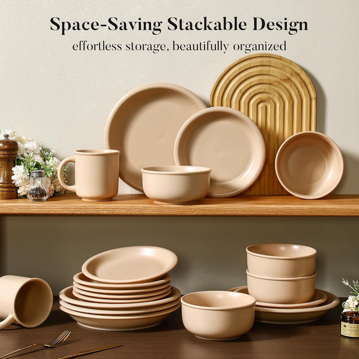 GZG Vintage Series - Ceramic Dinnerware Set for 8, 24 Pieces Stoneware Plates and Bowls Set, Lead-Free, Handcrafted Dishes Set, Microwave & Dishwasher Safe - Warm Apricot