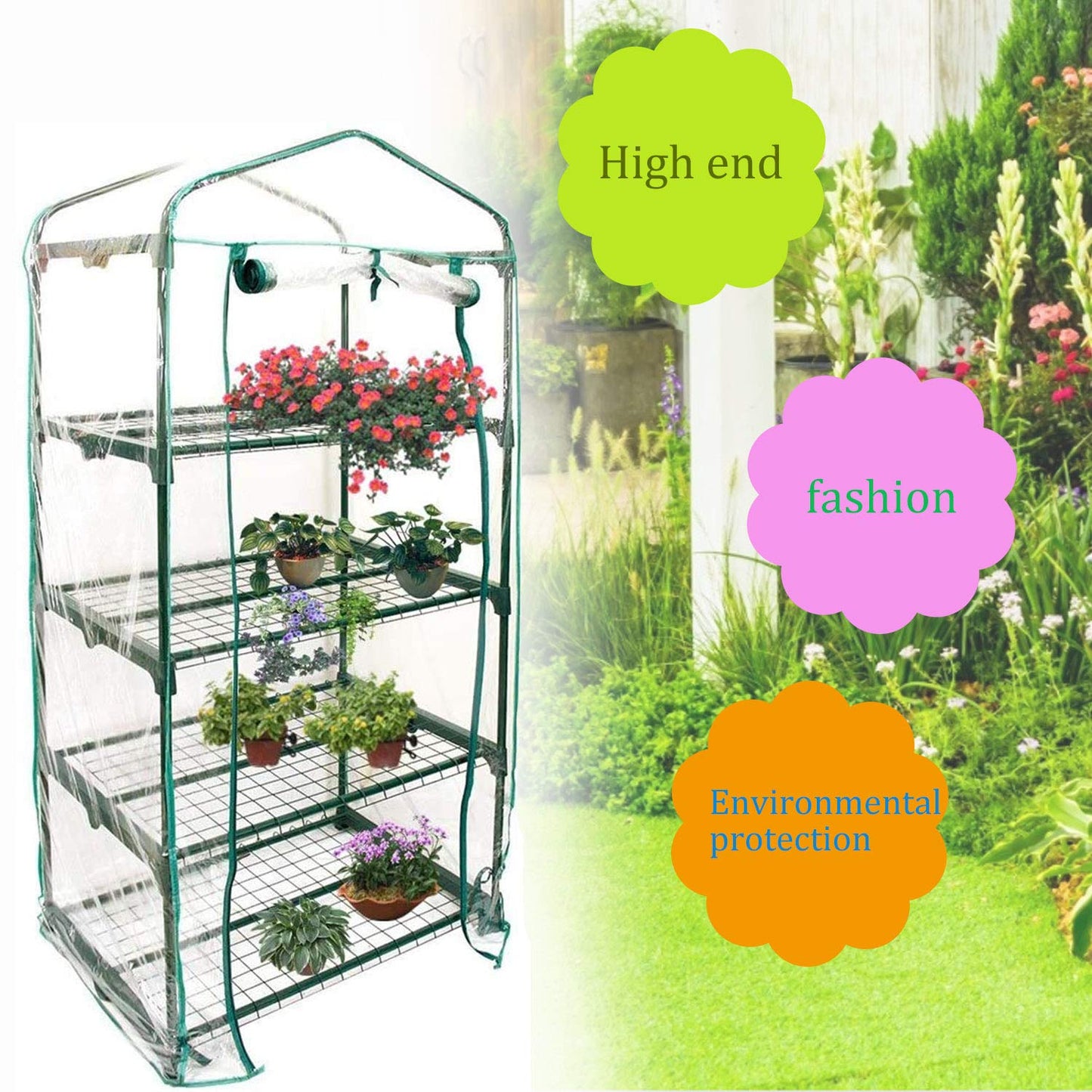 Mini Greenhouse Transparent PVC Cover Portable Small Greenhouses Cover wih Roll-Up Zipper Door, Waterproof Garden Green House Tent(Iron Stand not Include)