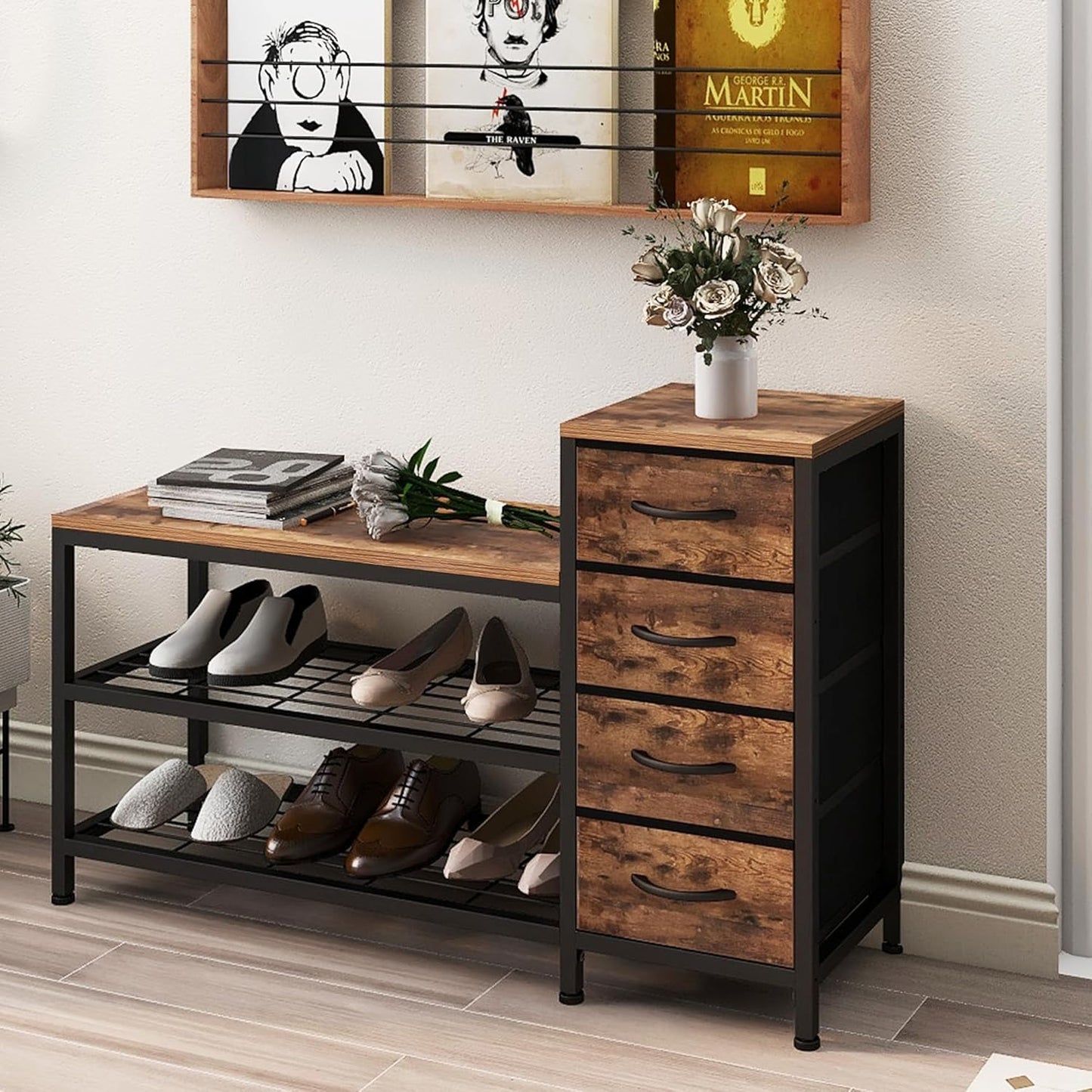 EXOTICA 3-Tier Shoe Storage Bench Industrial Entryway Shoe Rack with 4 Drawers and Seating Shoe Shelf Storage Cabinet for Hallway Front Door Doorway Living Room Mudroom Steel Frame