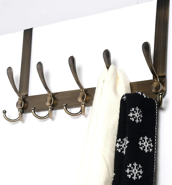 Dseap Over The Door Hook Hanger - 5 Tri Hooks, Heavy Duty Over The Door Towel Rack Coat Rack for Clothes Hat Towel,Bronze