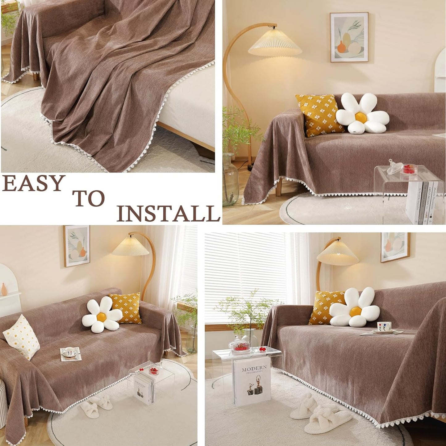 HANDONTIME Brown Sofa Covers Simple Couch Cover for Pet White Floral Couch Cushion Covers for L Shape Chocolate Sofa Throw Cover Sectional Couch Covers for Living Room Machine Washable, 71" X150"