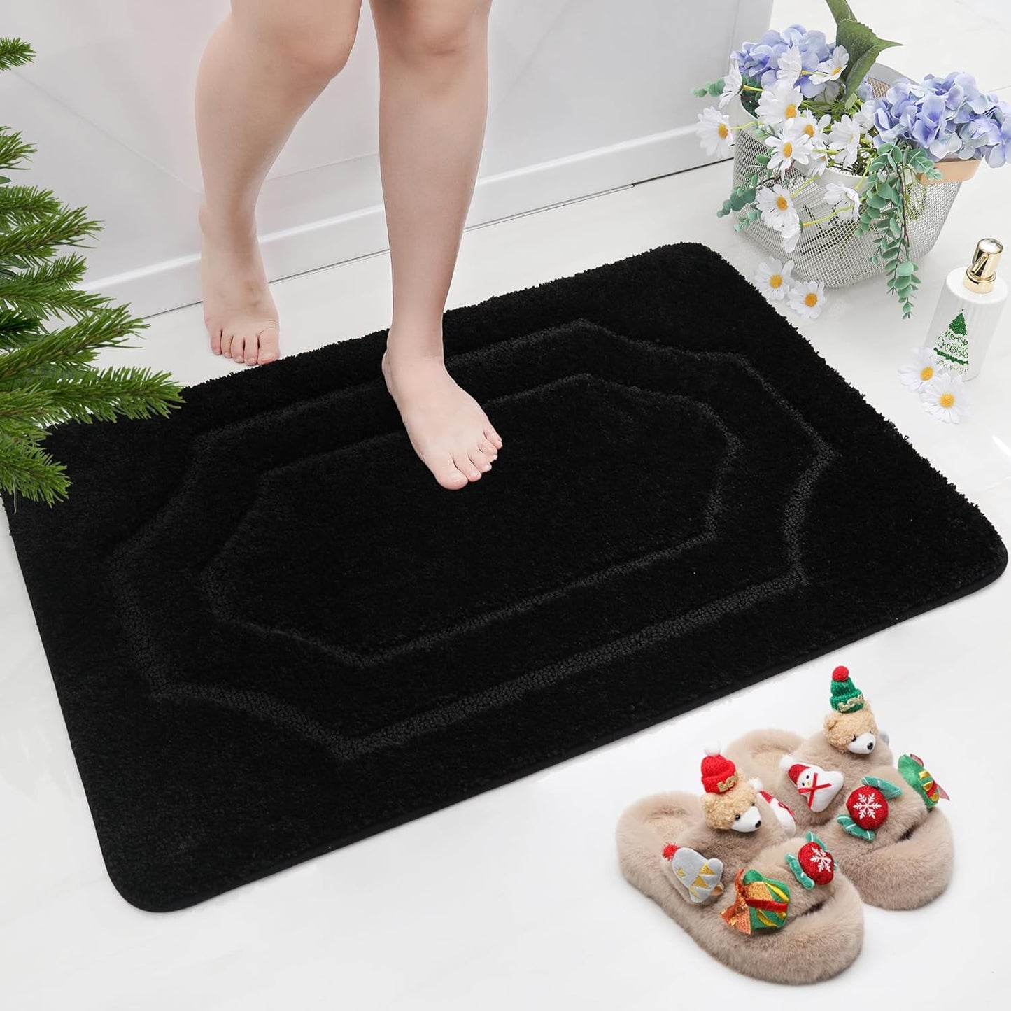 BEQHAUSE Bathroom-Rugs-Non-Slip-Bath-Mats for Bathroom Soft and Absorbent Polyester Microfiber Black Bath Mat Machine Washable Shaggy Shower Mat for Bathrooms, Bathtub and Sink, 24" x36”