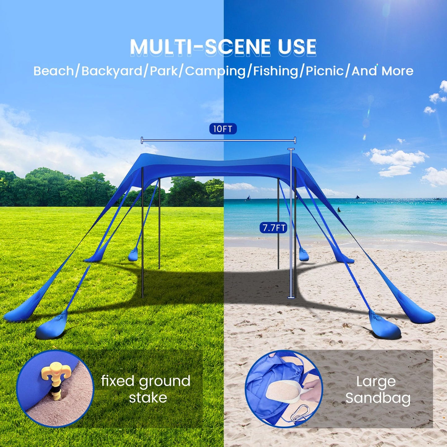 besuhot Beach Tent Sun Shelter 10x10FT Beach Shade Canopy with 8 Sandbags, UPF 50+ Protection Beach Shade Canopy, Outdoor Tent for Beach Camping Trips, Fishing, Backyard