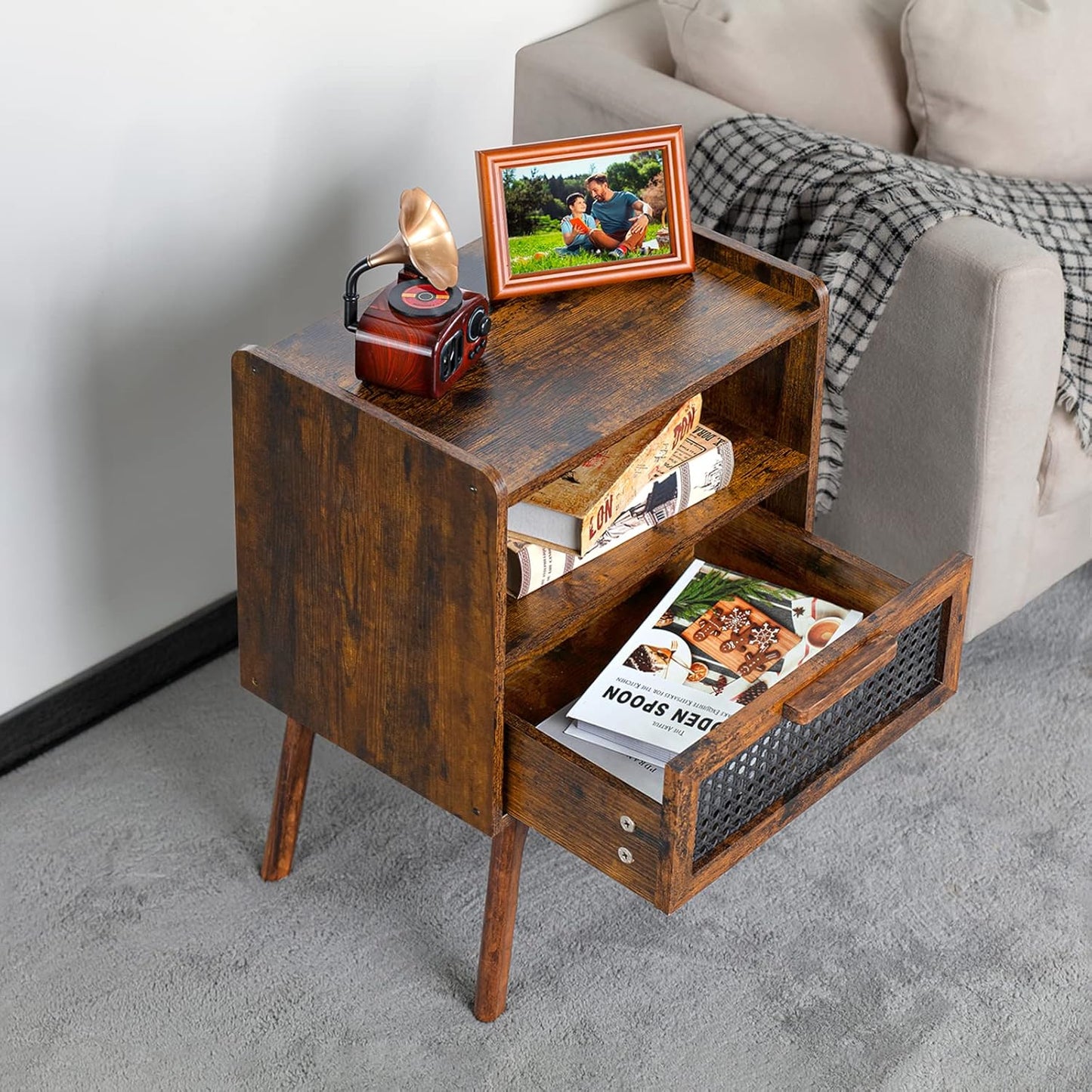 Lerliuo Rattan Nightstands Set of 2, Boho Side Table with Drawer Open Shelf, Cane Accent Bedside End Table with Solid Wood Legs for Bedroom, Dorm and Small Spaces (Brown)