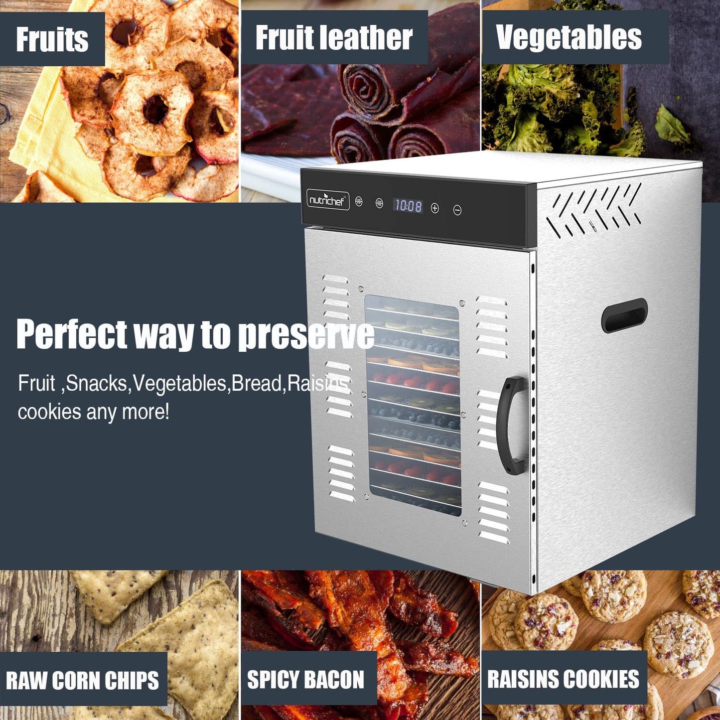 Nutrichef Premium Food Dehydrator Machine - 1500 Watts, 16-Tray Stainless Steel Dehydrator With Digital Timer And Temperature Co