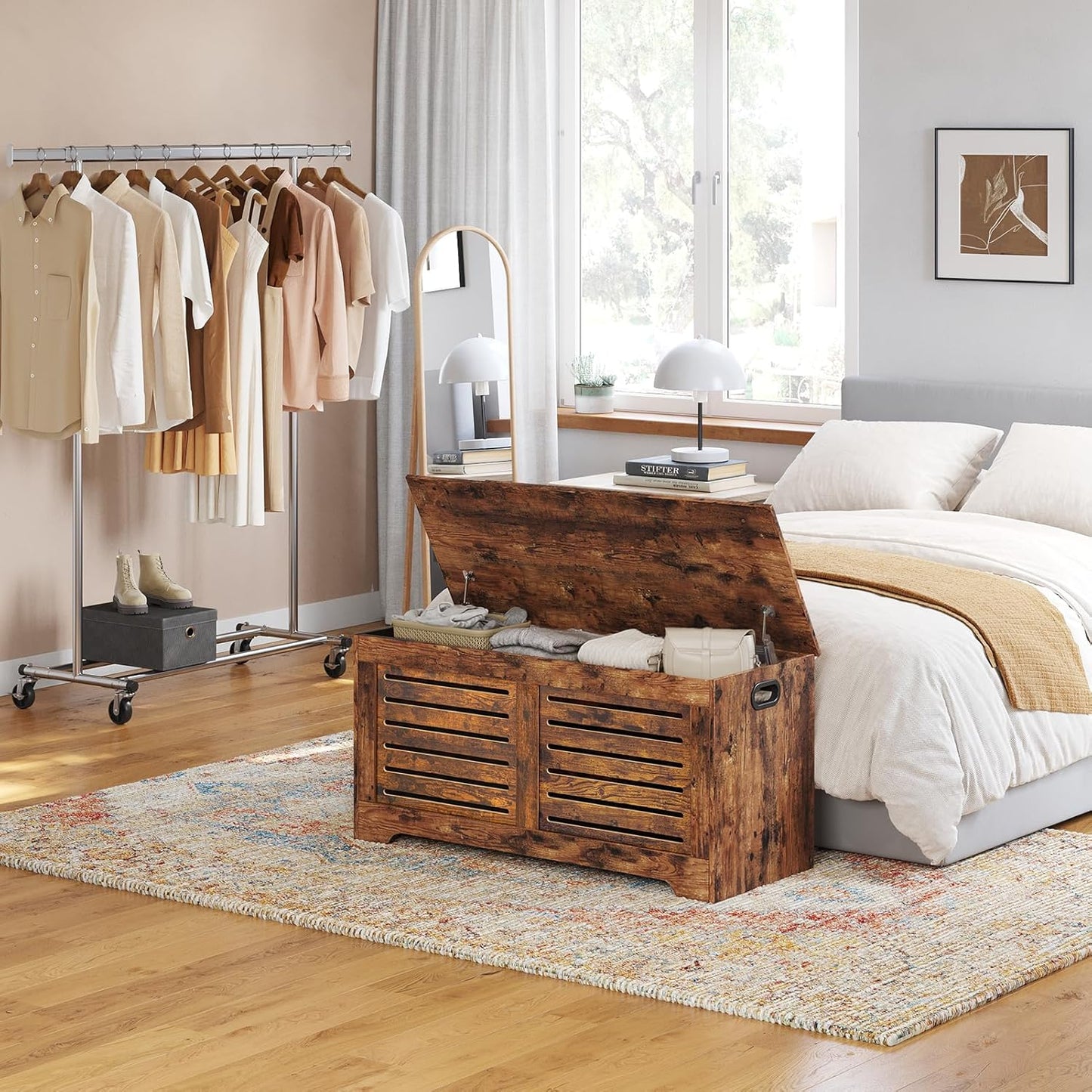 DINZI LVJ Storage Chest, 39.4”Wooden Toy Box with 2 Safety Hinges, Retro Entryway Shoe Storage Bench with Flip-Top, Sturdy Large Storage Trunk for Living Room, Bedroom, Easy Assembly, Rustic Brown