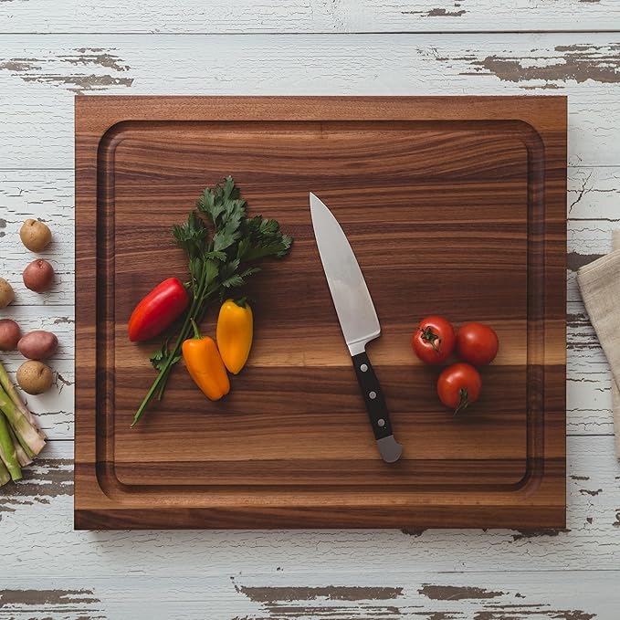 John Boos BBQ Series Rectangular Wooden Walnut Cutting Board 17”x21” – 1.5” Thick, 7-lb Reversible Butcher Block with Juice Groove, Edge-Grain, Finger Grips & Care & Maintenance Pack – Made in the USA