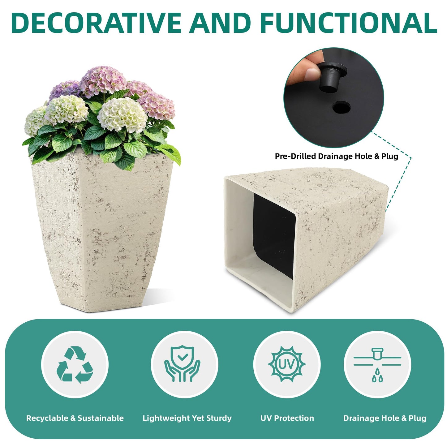 Ultym 19" H Country White Square Planters for Outdoor Plants, Set of 2 Large Flower Pot with Drainage Hole, Weather-Resistant for Porch,Garden, Patio or Indoor Use