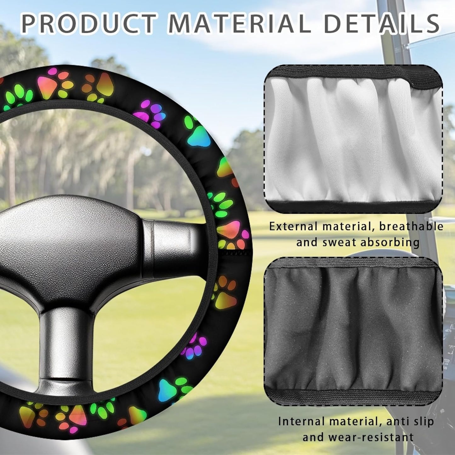 Dog Paw Print Golf Cart Steering Wheel Cover Universal Fit 13-14 Inch Polyester