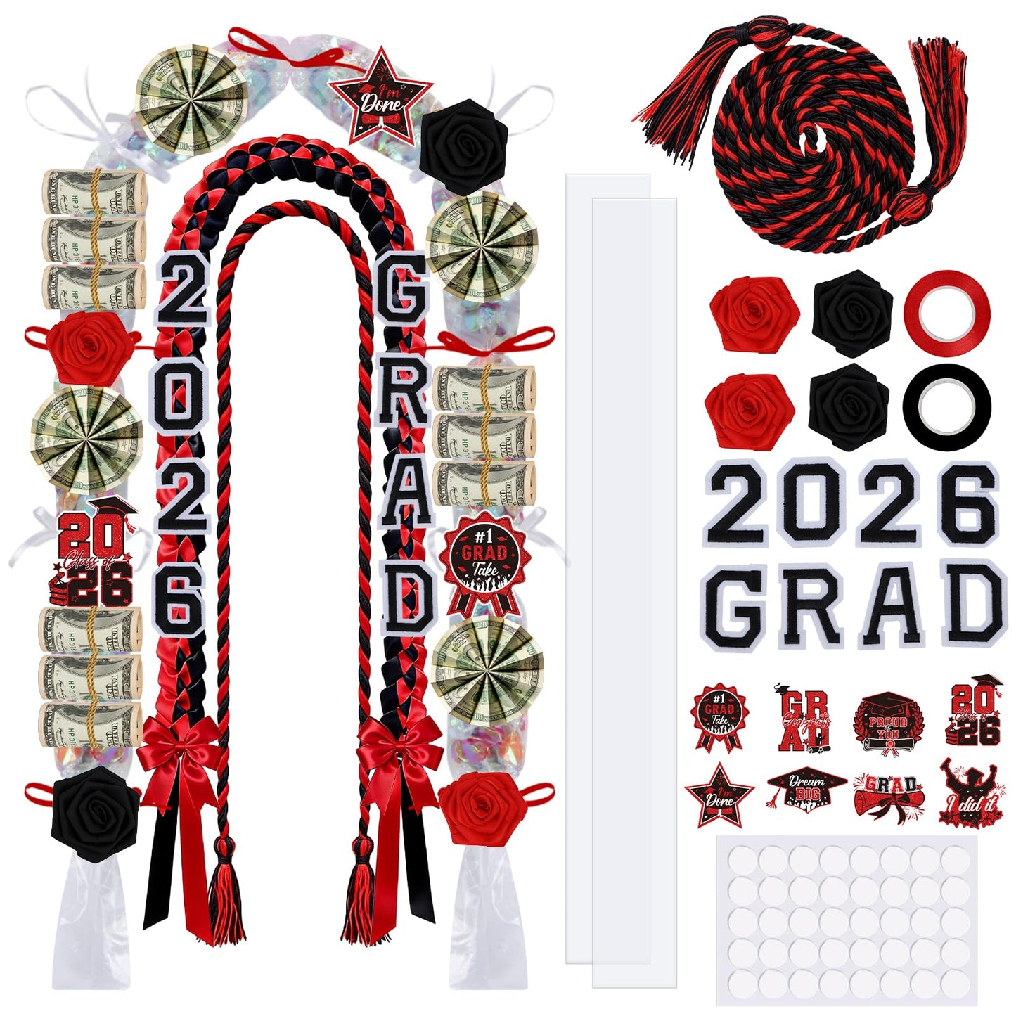 Hamdwerk 26Pcs 2026 Graduation Candy Leis Making Kit, Class of 2026 Graduation Ribbon Lei, Double Braided Necklace Decorations with Flower Patches Honor Cord for DIY Graduate Gifts Party Supplies