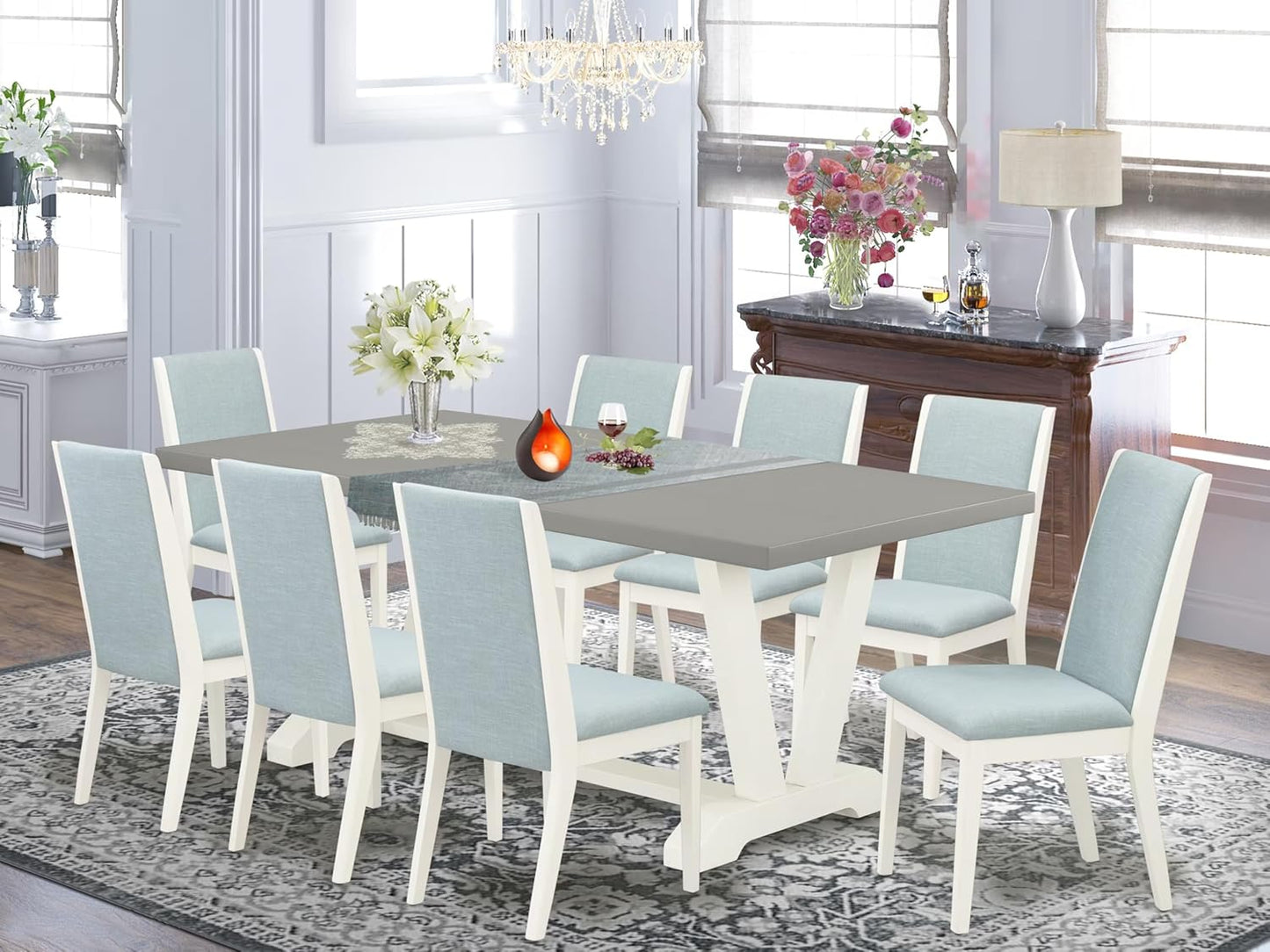 East West Furniture V097LA015-9 9 Piece Kitchen Table & Chairs Set Includes a Rectangle Dining Table with V-Legs and 8 Baby Blue Linen Fabric Parson Chairs, 40x72 Inch, Multi-Color