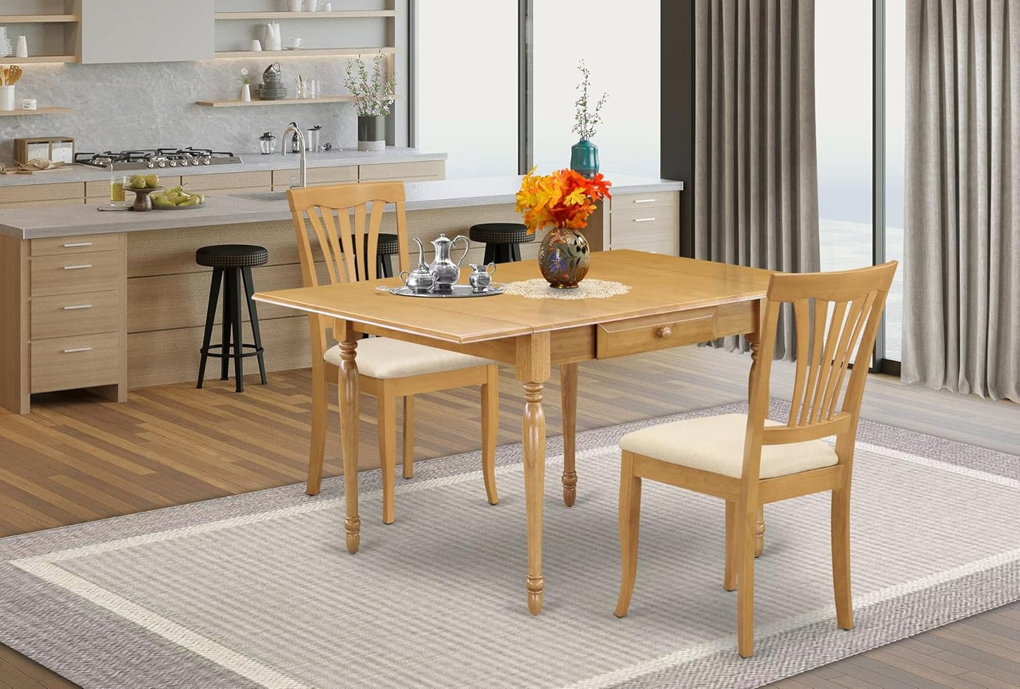 East West Furniture MZAV3-OAK-C 3 Piece Dining Room Furniture Set Contains a Rectangle Kitchen Table with Dropleaf and 2 Linen Fabric Upholstered Dining Chairs, 36x54 Inch, Oak