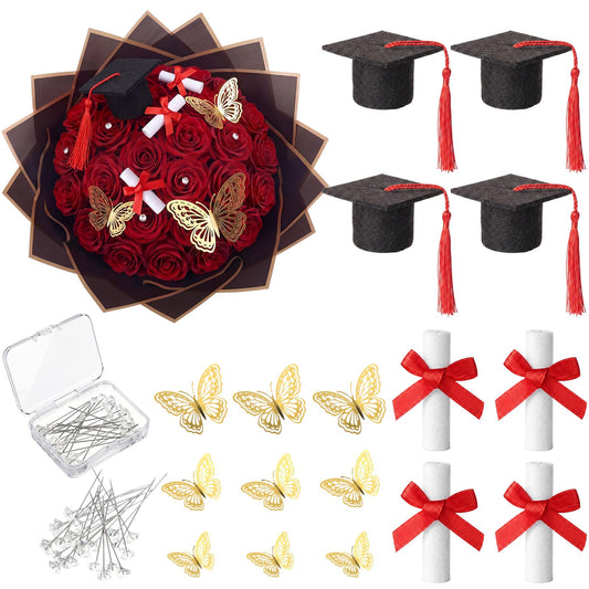 Gilprop 45 Pcs Graduation Flower Bouquet Kit Include 12 Butterfly Decorations 4 Mini Grad Cap 4 Certificate Scrolls Floral Tapes Wraps 25 Diamond 2026 Grad Party Decor Flower Bouquet Gift (Red)