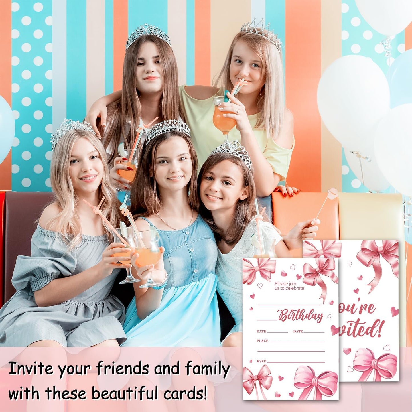 Pink Bow Birthday Invitations, Cute Bow Party Invitations, 20 Double-Sided Fill In Invitation with Envelopes for Boys Girls, Birthday Party Decorations Favor