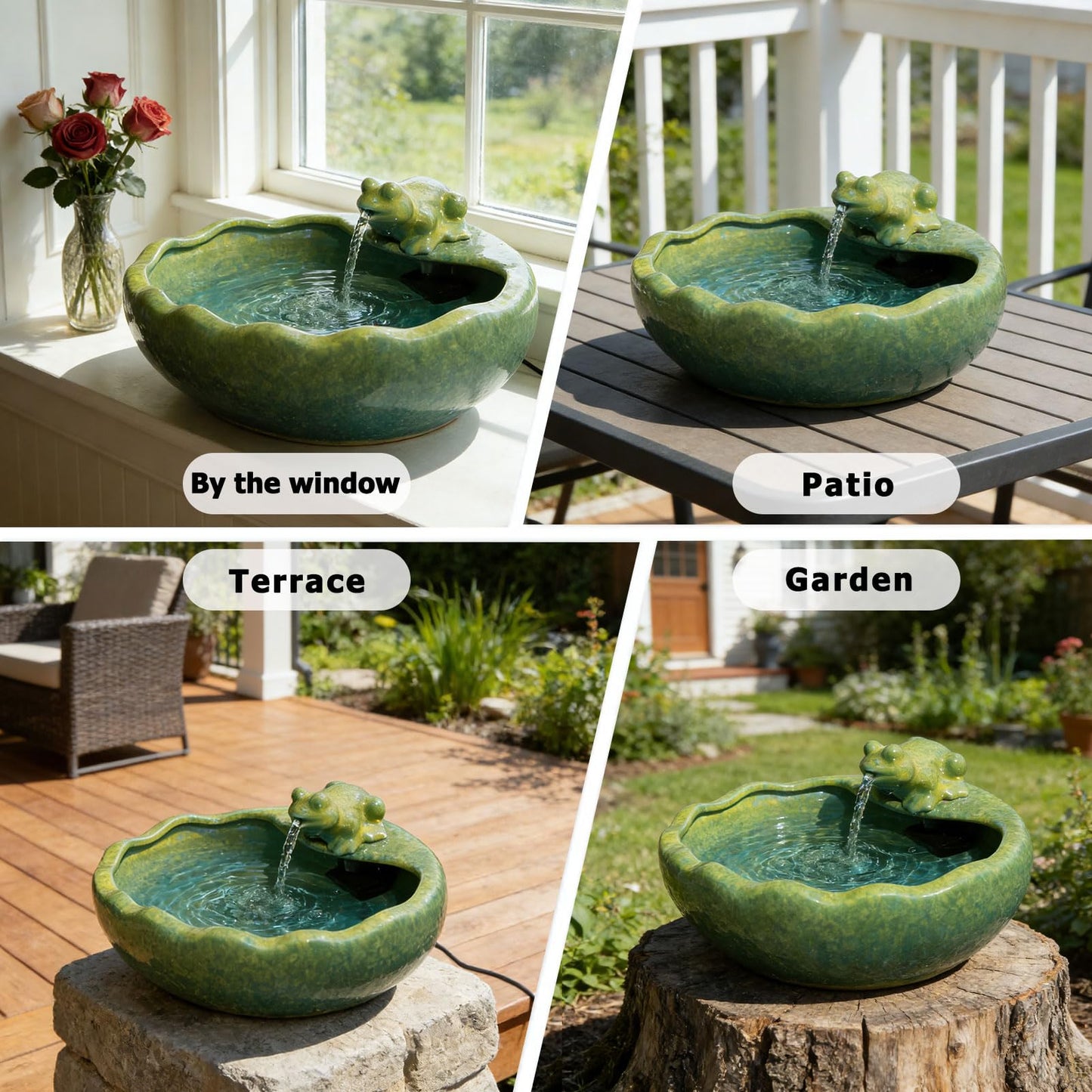 Ceramic Solar Water Fountain with Battery Backup, Solar Powered Water Fountain，Outdoor Water Feature Bird Bath for Garden, Patio & Yard Decor,Working at Night for at Least 6 Hours (Frog).