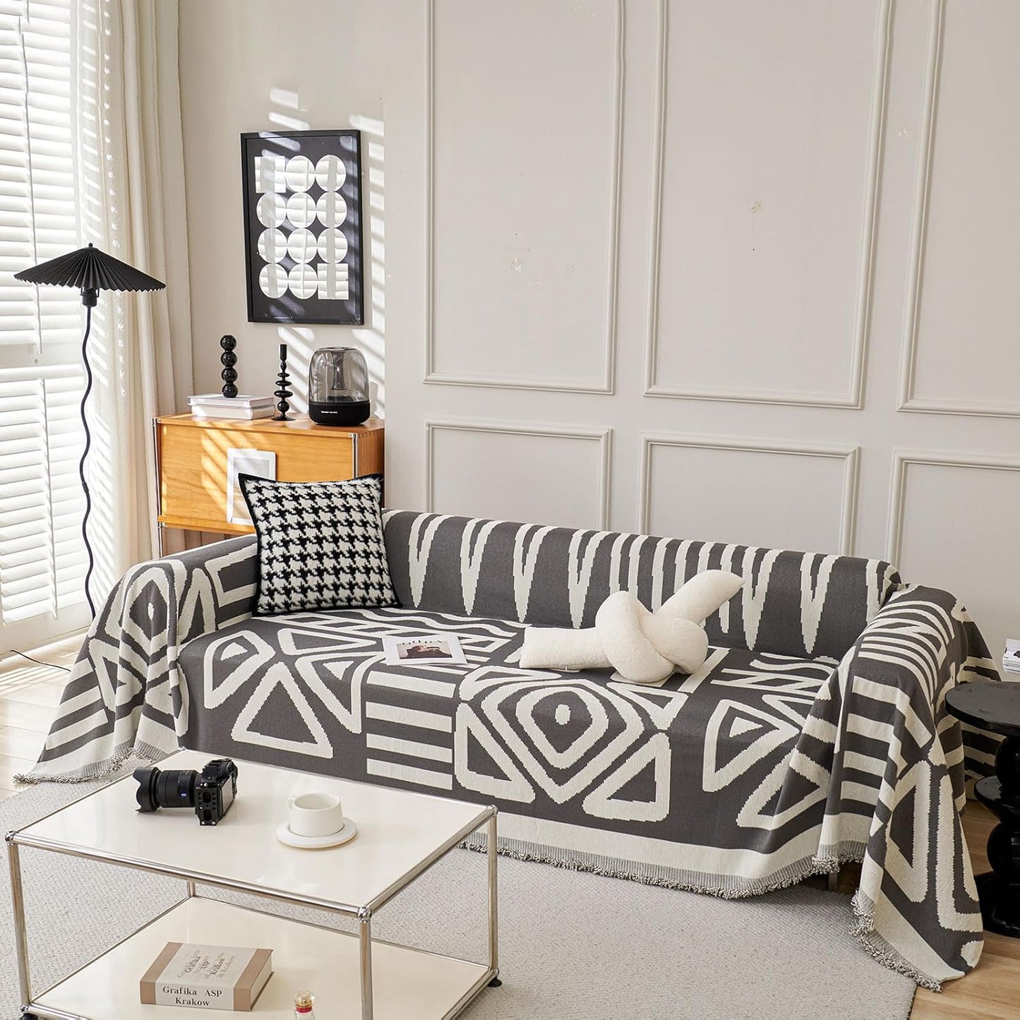 STACYPIK Dark Grey Chenille Couch Covers, Boho Sofa Covers for 2 Cushion Couch, Loveseat Couch for Sectional, Non Slip Couch Cover Tassels for L-Shaped, Multi-Use Jacquard Decorative Blanket-71X118IN