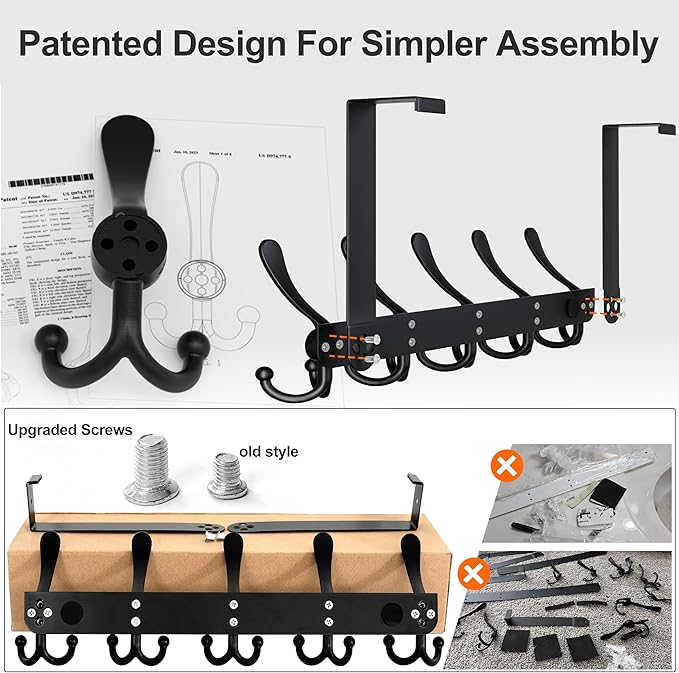 Dseap Over Door Hook 2.0 - Upgraded Version - Simple-Assembly, Strong, Heavy-Duty Stainless Steel 5-Tri-Hook Over The Door Hanger Rack, SimpleStrong Series, Black, Pack of 2