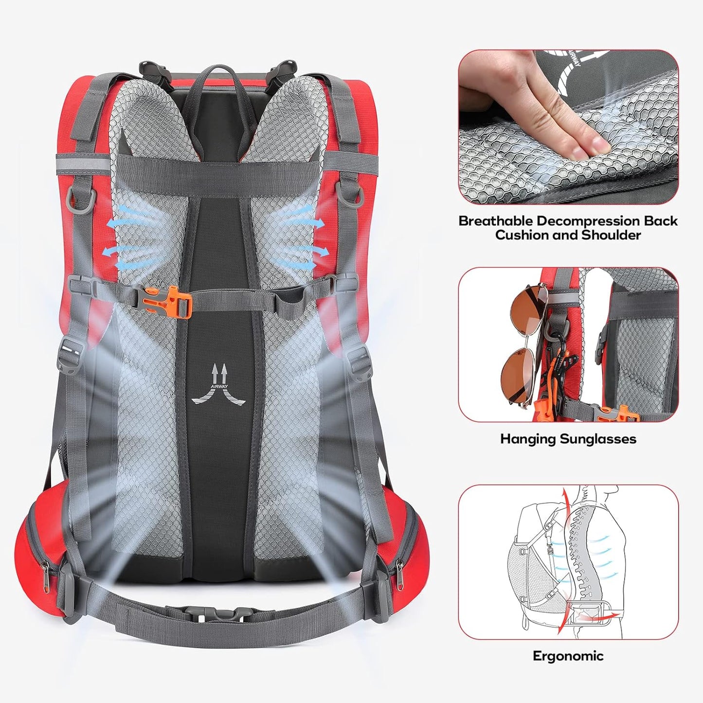 Maelstrom Hiking Backpack,Camping Backpack,40L Waterproof Hiking Daypack with Rain Cover,Lightweight Travel Backpack,Red