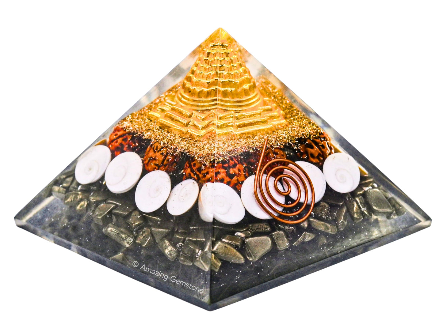 Amazing Gemstone Orgone Pyramid for Money Magnet Pyrite Crystals with Rudraksha, Gomati Chakra, Shree Yantra - Authentic Orgonite & Organite Gifts to Atrract Money Wealth Pooja, Financial Growth
