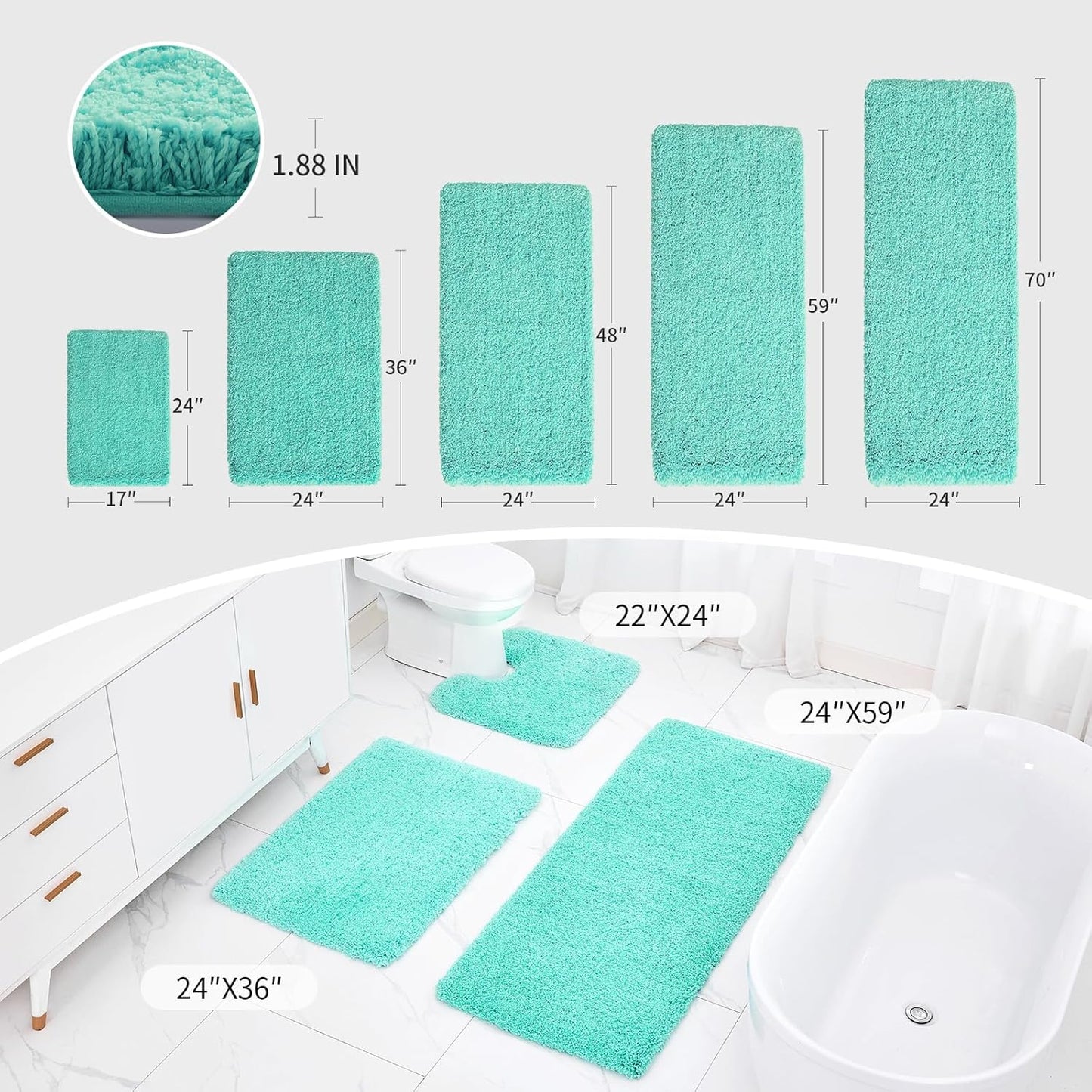 Bathroom Rug 24x48 Non Slip Fluffy Bath Mat for Bathroom Floor Washable Plush Luxury Bath Rug for Tub Soft Absorbent Shower Mat, Spa Blue