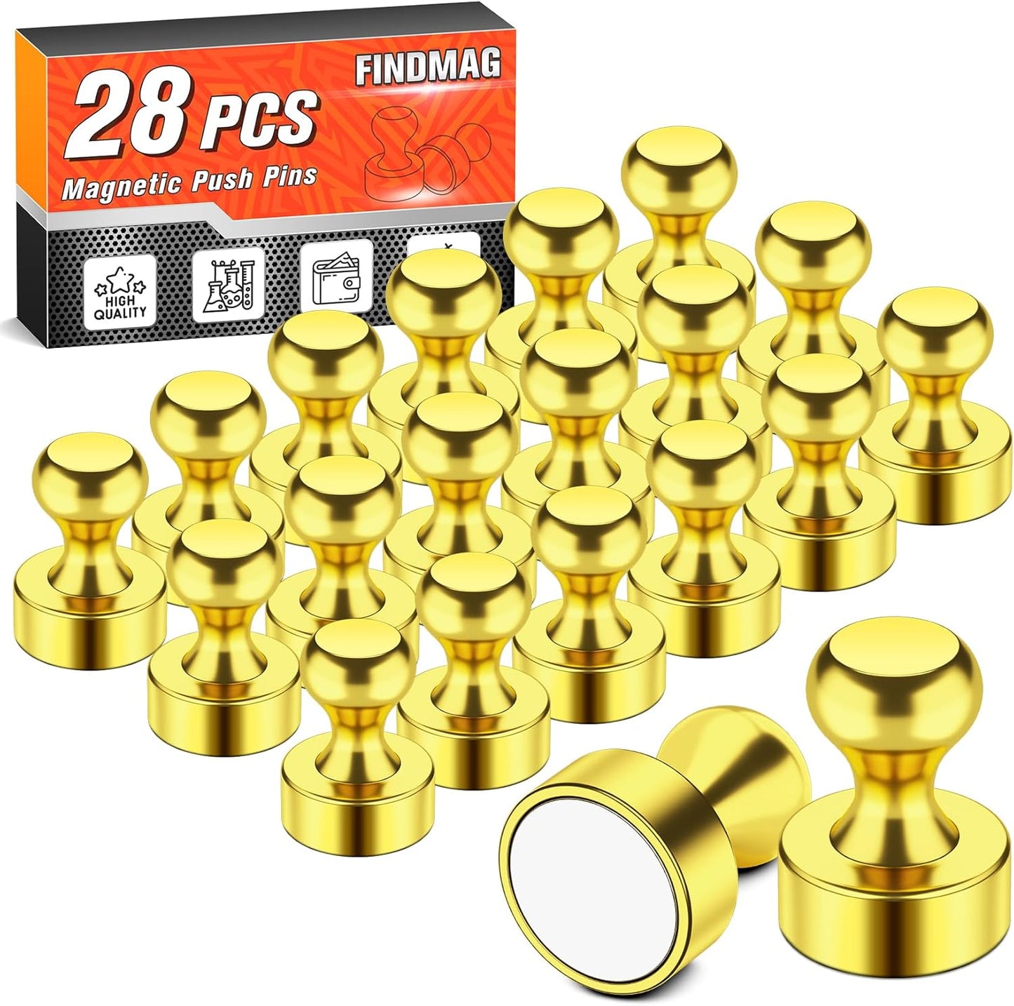 FINDMAG Strong Fridge Magnets, Decorative Small Refrigerator Magnet for Whiteboard, Aesthetic Cute Fridge Magnets, Cool Dry Erase Board Magnet for Office, Kitchen, Classroom, Map, Pack of 28 (Gold)
