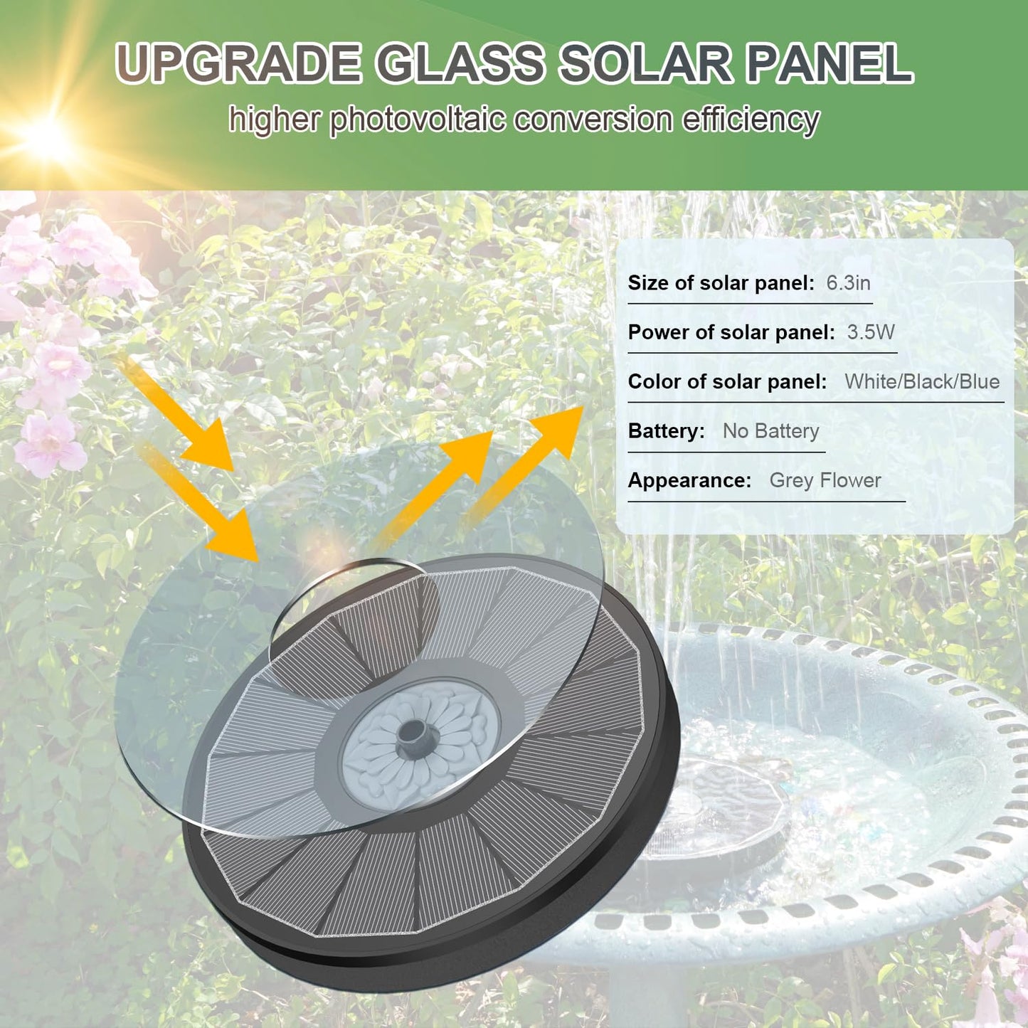 Yzert Solar Fountain for Bird Bath Direct Sunlight High Efficiency 3.5W Glass Panel Solar Water Fountain Outdoor Garden Flower (Black)