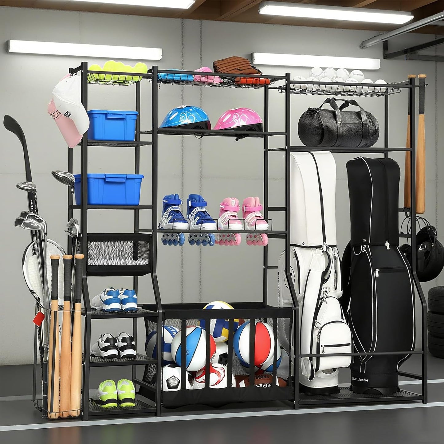 Garage Sports Equipment Organizer, golf bag storage, Ball Storage, Upgraded Sports Organizer Rack for Balls with Holder and Hooks, Indoor/Outdoor Basketball Storage Bins for Toy Sports Gear Storage.