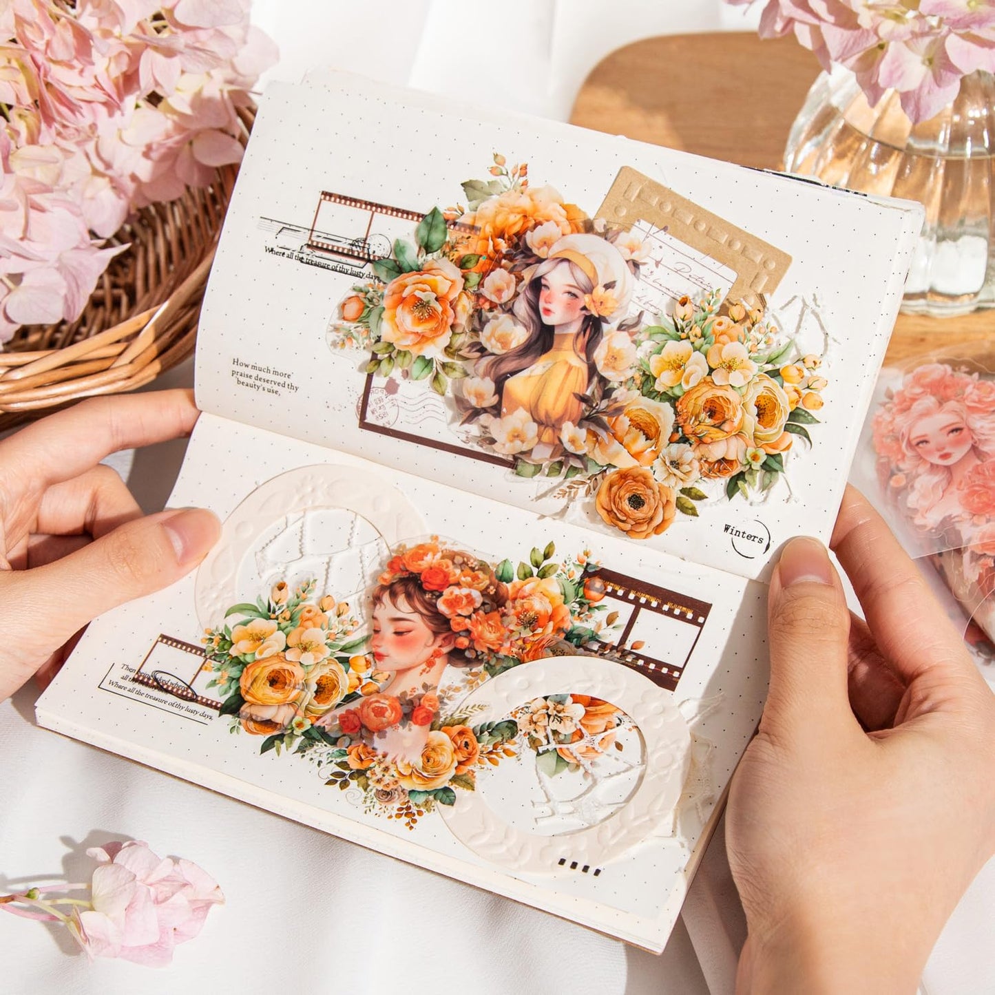 6 Pcs Flower Girl Scrapbook Tapes, Pre-Cut PET Tapes Aesthetic Stickers for Journaling, Scrapbook Supplies, and Ephemera, with Decorative Clip
