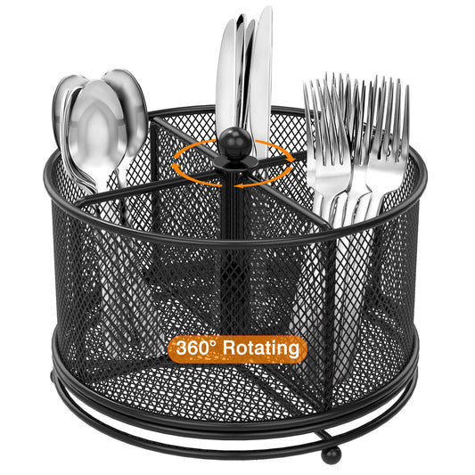 Fylsyd 360° Rotating Metal Utensil Caddy, 4 Compartment Silverware Cutlery Holder, Effortless Access Fork Spoon, Silverware Holder for Party Countertop Buffet Picnic Camping Outdoor (Black)