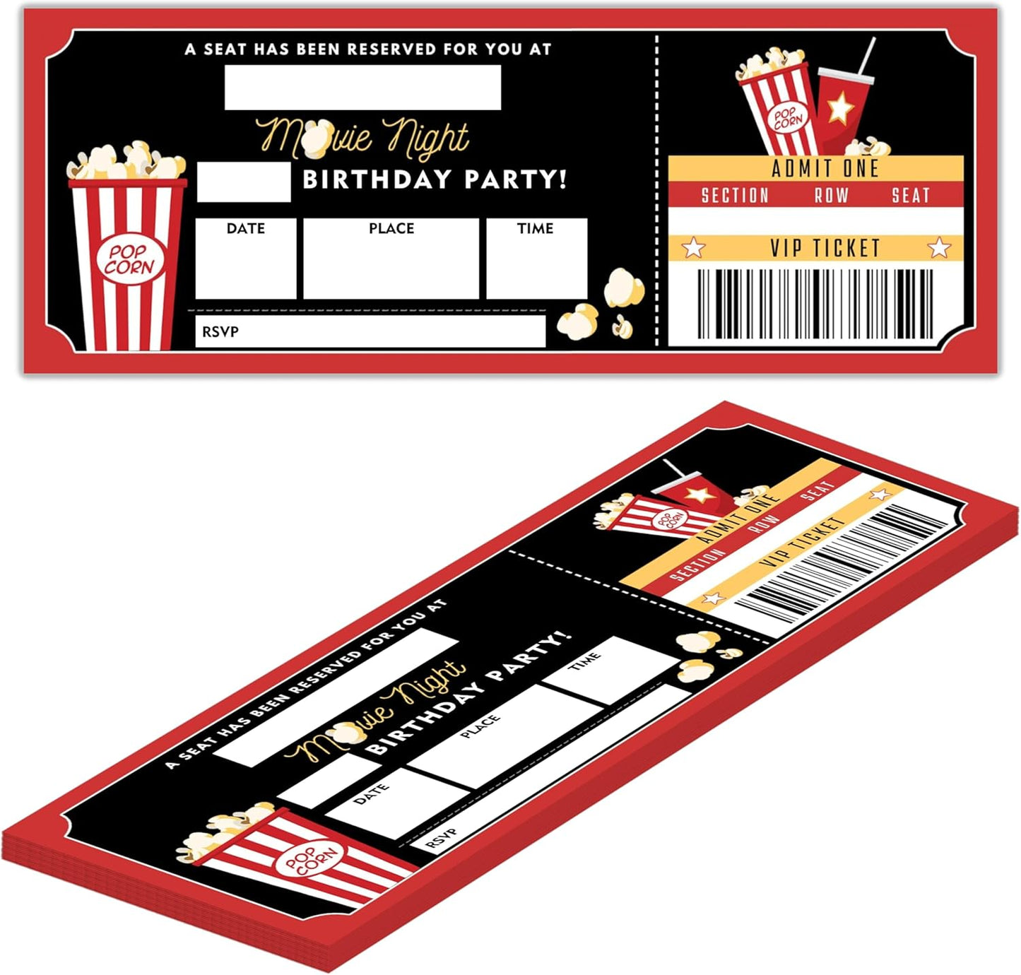Birthday Cards-20 Movie Night Ticket Invite Cards-Red and Black Birthday Invitation with Envelopes for Movie Lovers-Party Favor & Supplies (3×8 inch)-A02