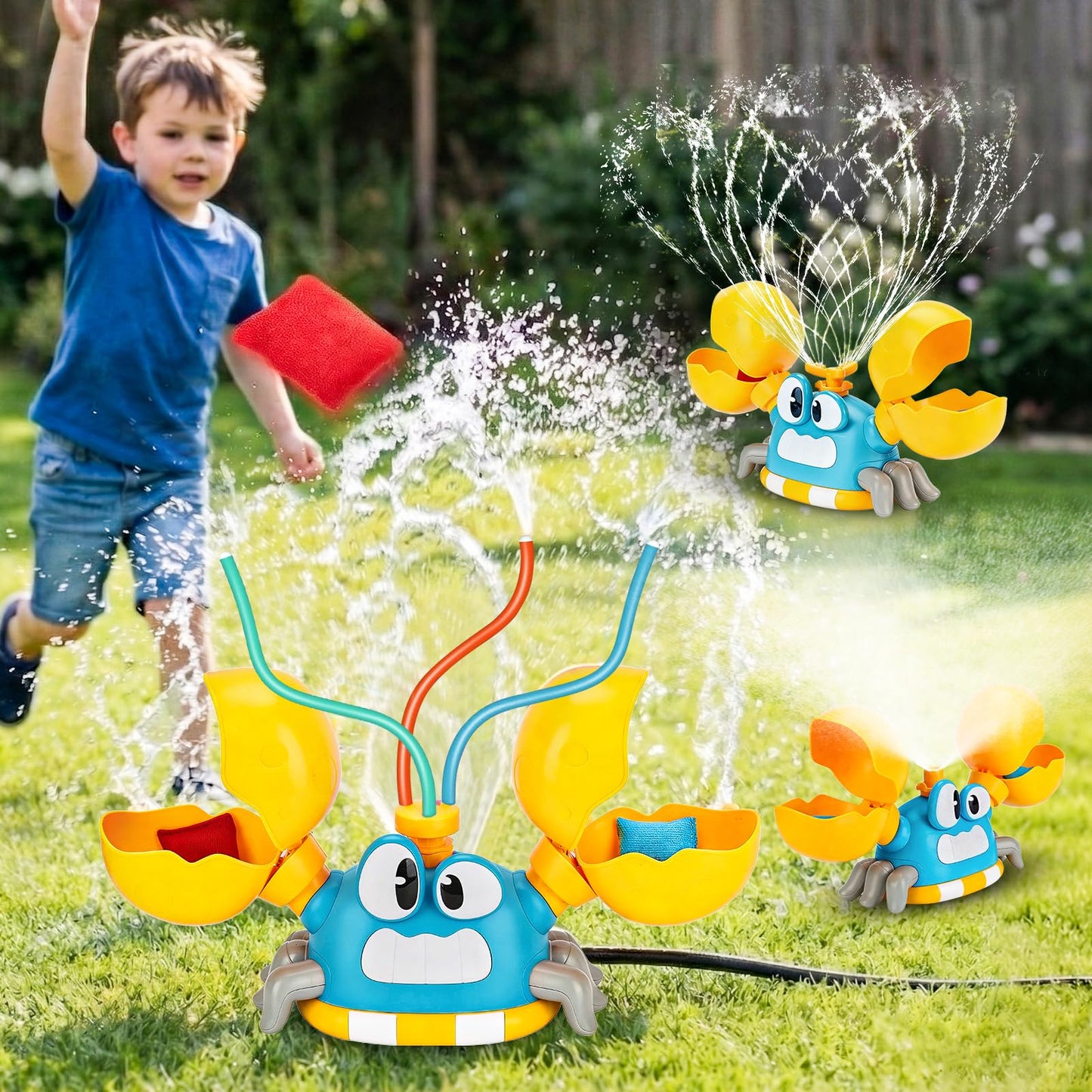 Water Sprinkler for Kids Toddlers, 4 in 1 Crab Sprinklers for Yard with 3 Spray Patterns & 4 Bean Bags for Toss Game, Kids Sprinklers for Outside Backyard, Summer Toys Water Fun for Kids 3 4 5 6 7 8