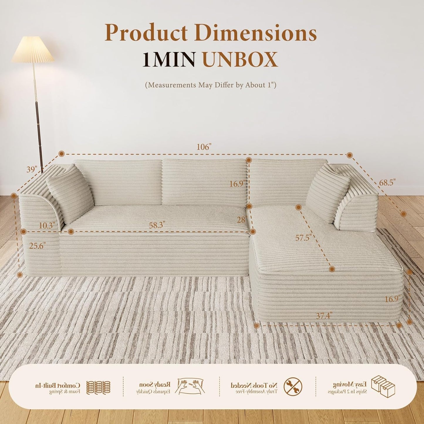 Vesgantti 106" Modular Sectional Sofa with Chaise, Deep Seat Comfy Cloud Couch Corduroy L Shaped Sofa Sectional Couches for Living Room Bedroom, No Assembly Required (Camel, Right-Facing Chaise)