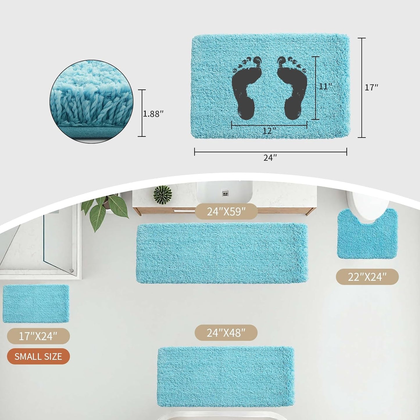 Small Bathroom Rug 17x24 Non Slip Teal Fluffy Bath Mat for Bathroom Floor Washable Plush Luxury Bath Rug for Tub Soft Shaggy Absorbent Shower Mat