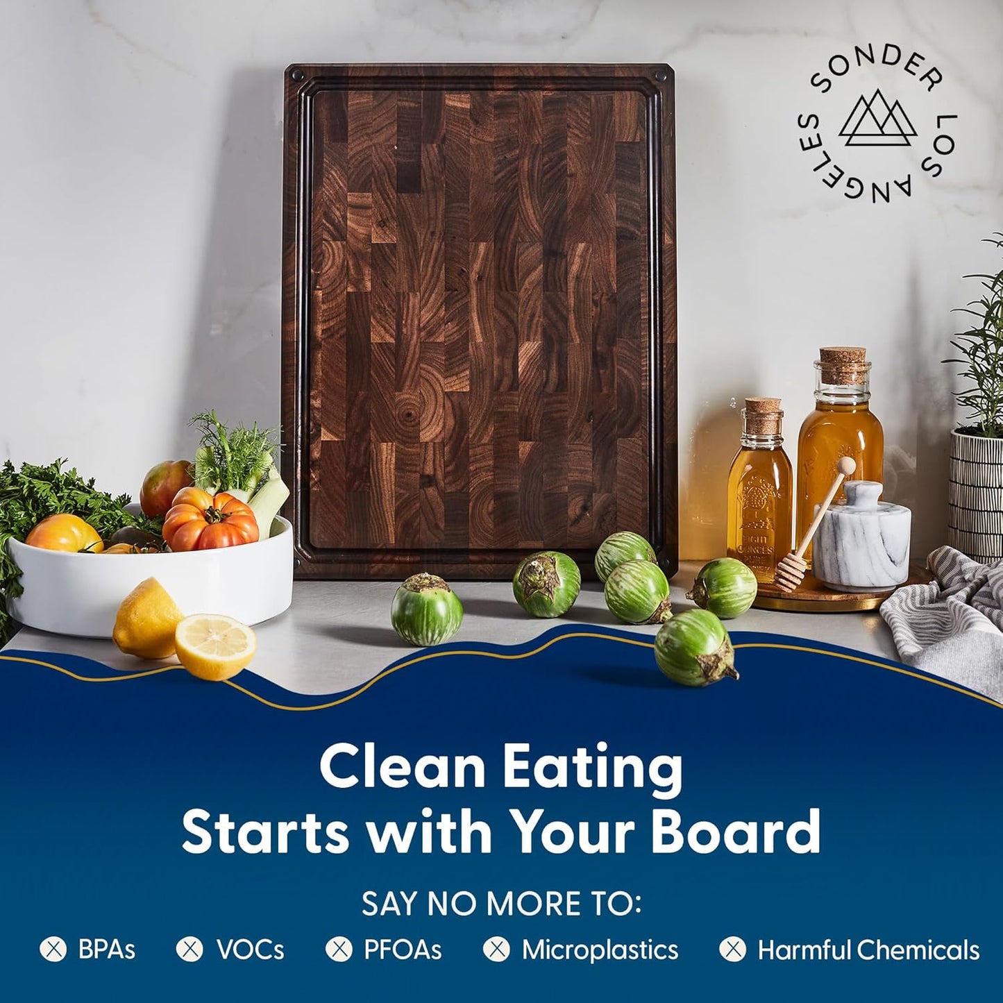 Sonder Los Angeles Alfred Cutting Board Made in USA | Black Walnut End Grain Cutting Board with Non-Slip Feet, Juice Groove, Sorting Compartments | Gift Box Included | 17x13x1.5 in