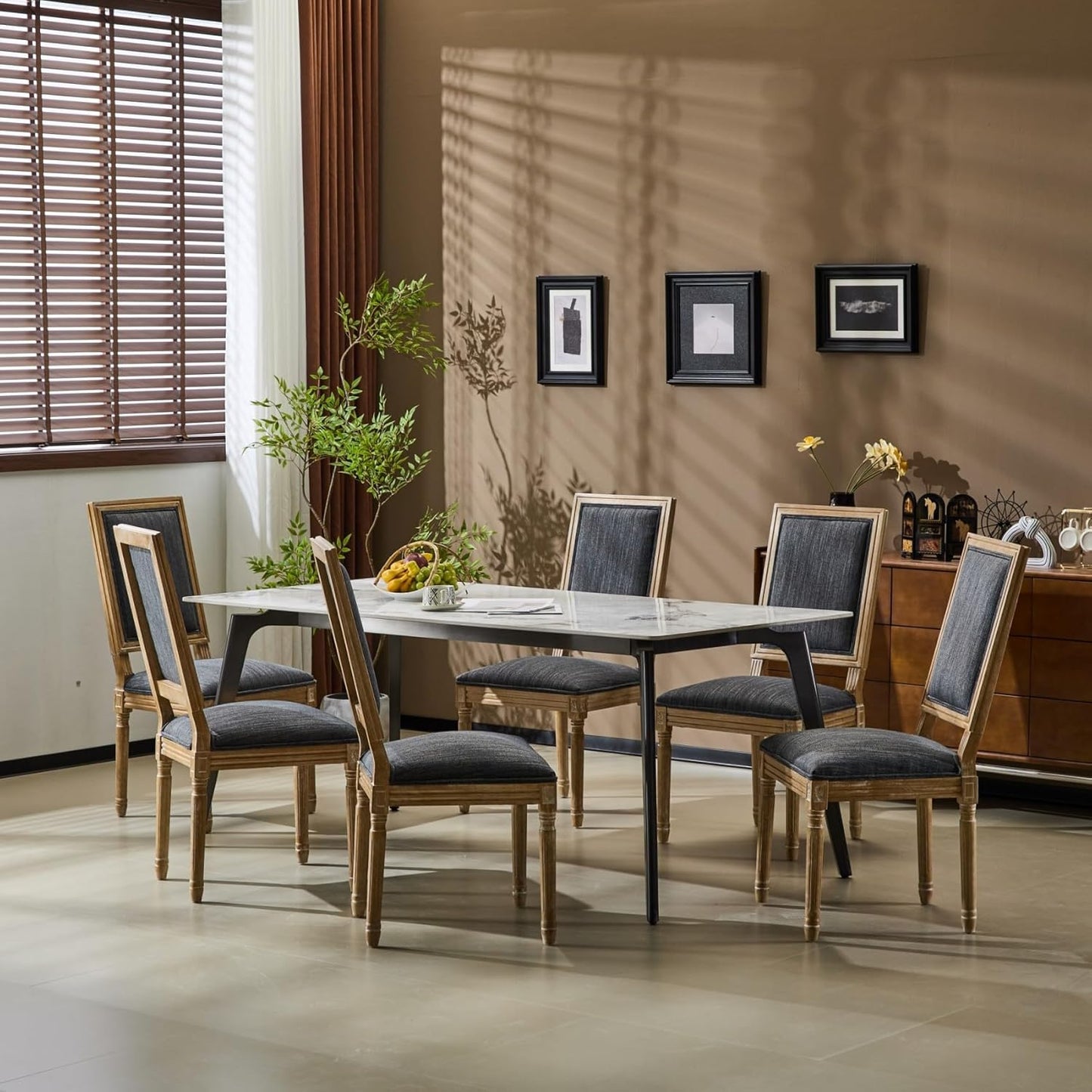 Merax Upholstered Solid Wood Dining Chairs Set of 6, French Country Style Accent Side Seating Furniture for Kitchen, Living Room, Cushioned Back, Blue Gray