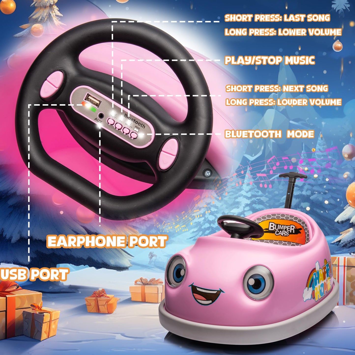 12V Dual Battery Electric Ride on Kids Bumper Car w/Remote Control,360 Degree Spin,Push Rod Rocker Horse Function,3-Speeds Babies & Toddlers Bumping Car Ride on Toy Gift for 1-4 Years Children (Pink)