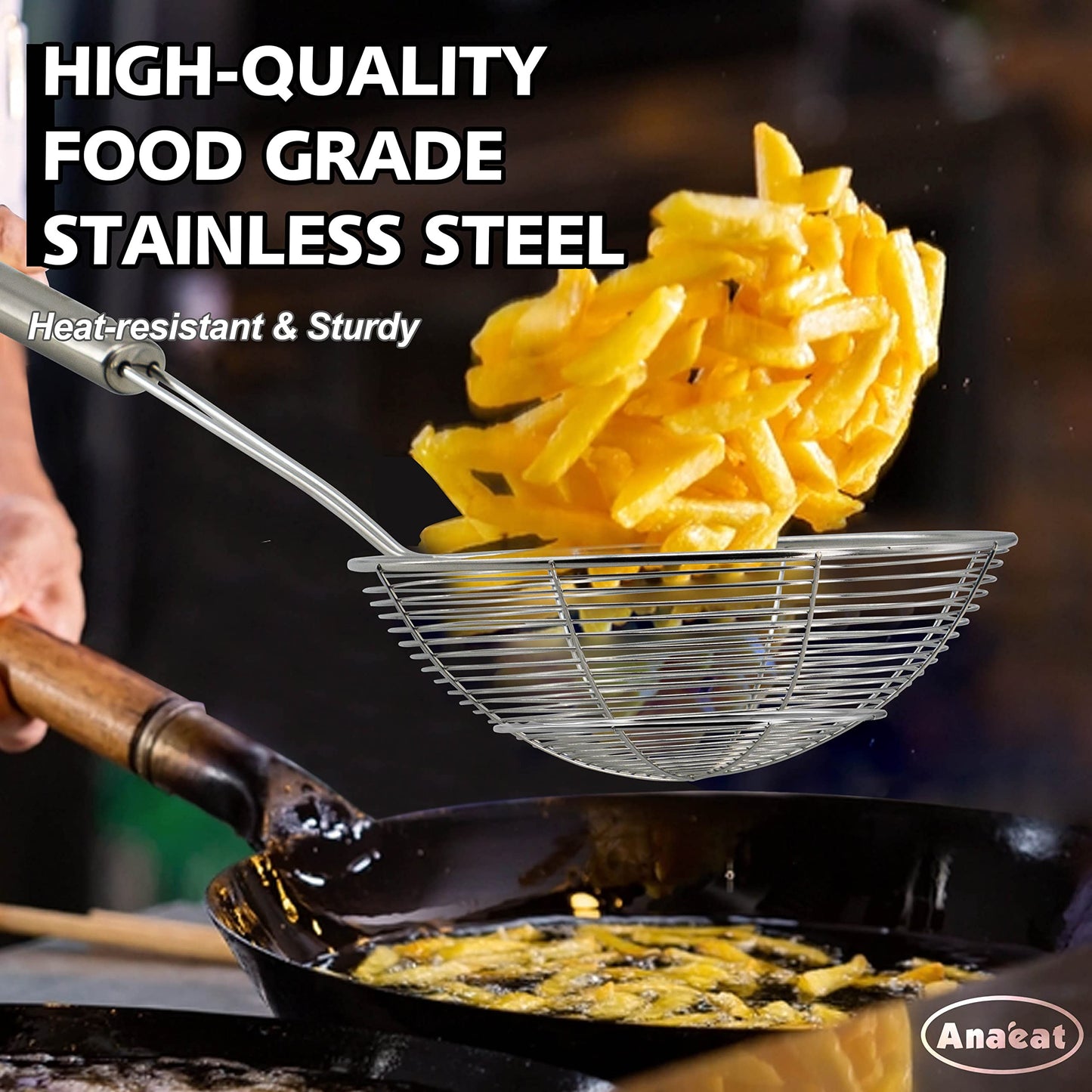 Anaeat Stainless Steel Spider Strainer Skimmer - Solid Kitchen Strainer Ladle with Long Handle for Cooking and Frying, Reinforced Double Coil Slotted Spoons for Pasta, Noodle, Spaghetti (7 Inch)