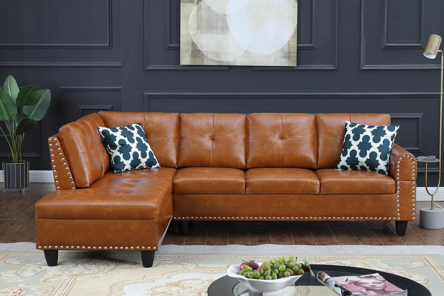 Ball & Cast 98" L Shaped Sectional Couch for Living Room with Chaise & Nailhead Trim,4 Seat Faux Leather Upholstered Modular Sectional Sofa Set 2 PCS W/Cup Holder & Coffee Table,for Home,Office,Ginger