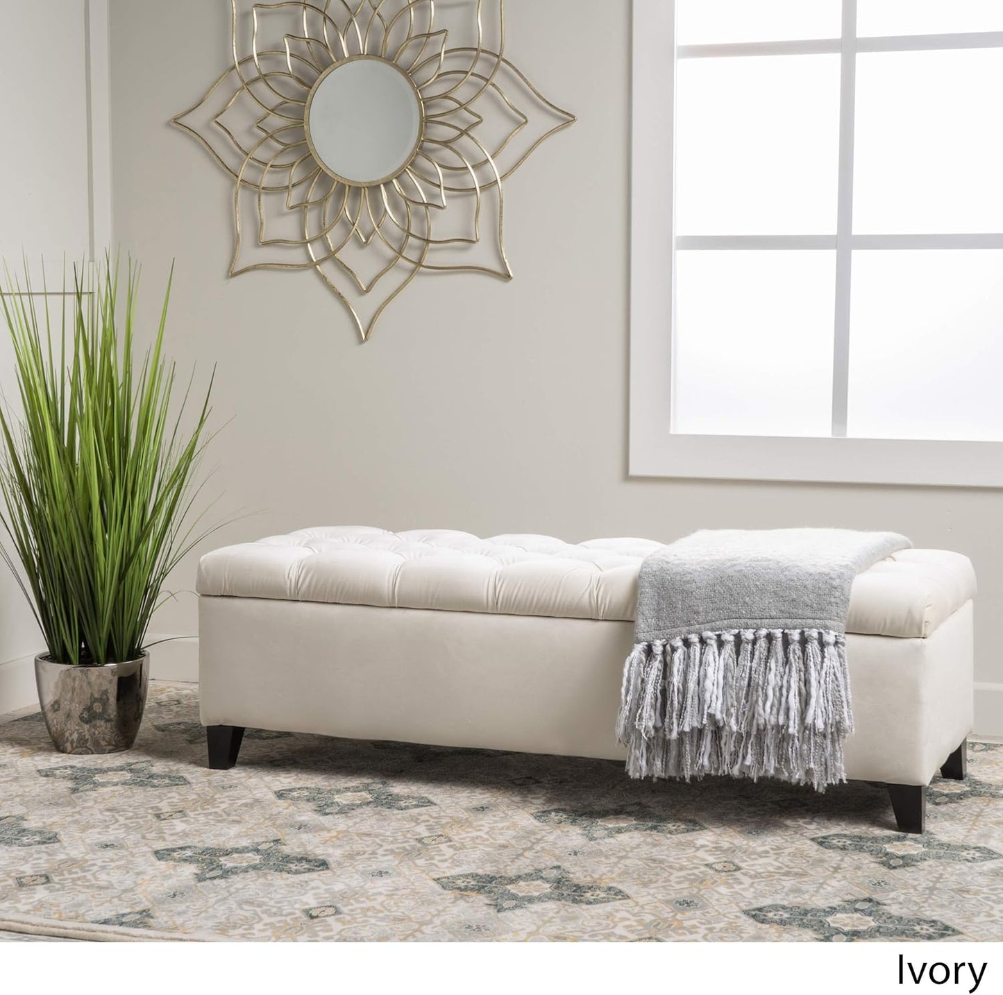 Christopher Knight Home Ottilie Velvet Storage Ottoman, Ivory 17.5”D x 51.0”W x 17.00”H