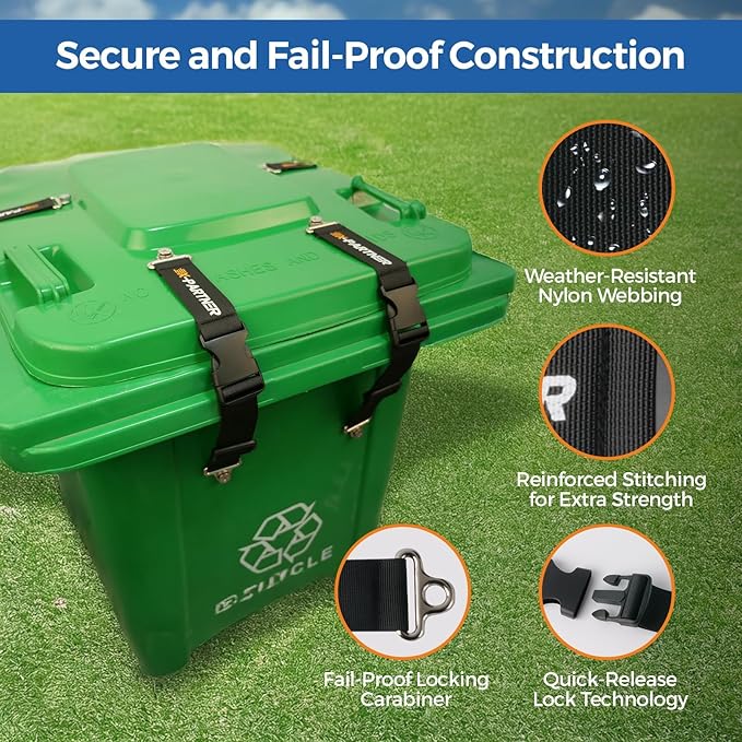 Heavy-Duty Bear Proof Trash Can Locks - Animal-Proof Garbage Can Lid Straps for 28-96 Gallon Outdoor Bins, Secure Locking Buckle Against Raccoons & Wildlife (Black, 4PCS)