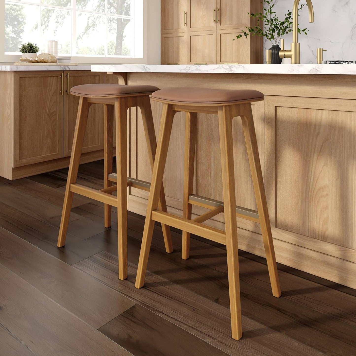 Plank+Beam Beryl Bar Height Stool - Mid-Century Modern Rubberwood Bar Stool with Faux Leather Seat, Metal Footrest, Easy Assembly, 2-Pack, Pecan/Toffee