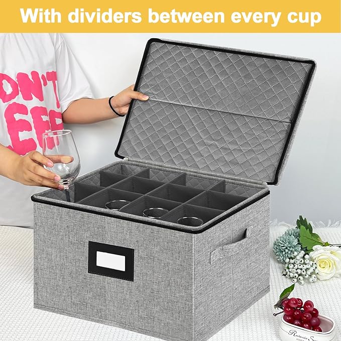 VERONLY Stemware Storage Cases,Quilted Wine glass Storage Boxes with Divider-China Storage Containers Hard Shell Holds 12 Wine Glass or Crystal Glassware Storage Containers, Stackable (Light Grey)
