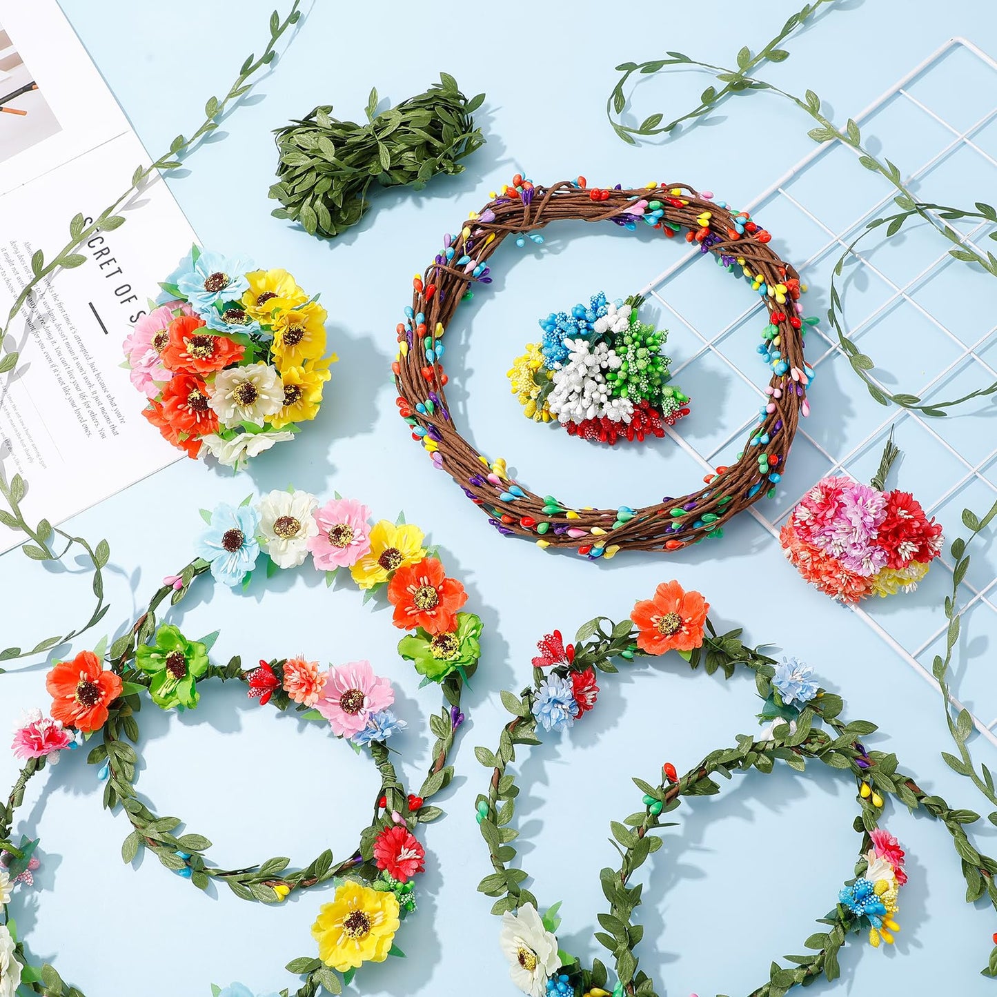 Suncalla 30 Sets Flower Crowns Making Kit, Make Your Own Flower Crown Wreath Garland Headbands and Bracelets Craft Kit Handmade DIY Floral Hair Accessories Gift for Women (Hibiscus)