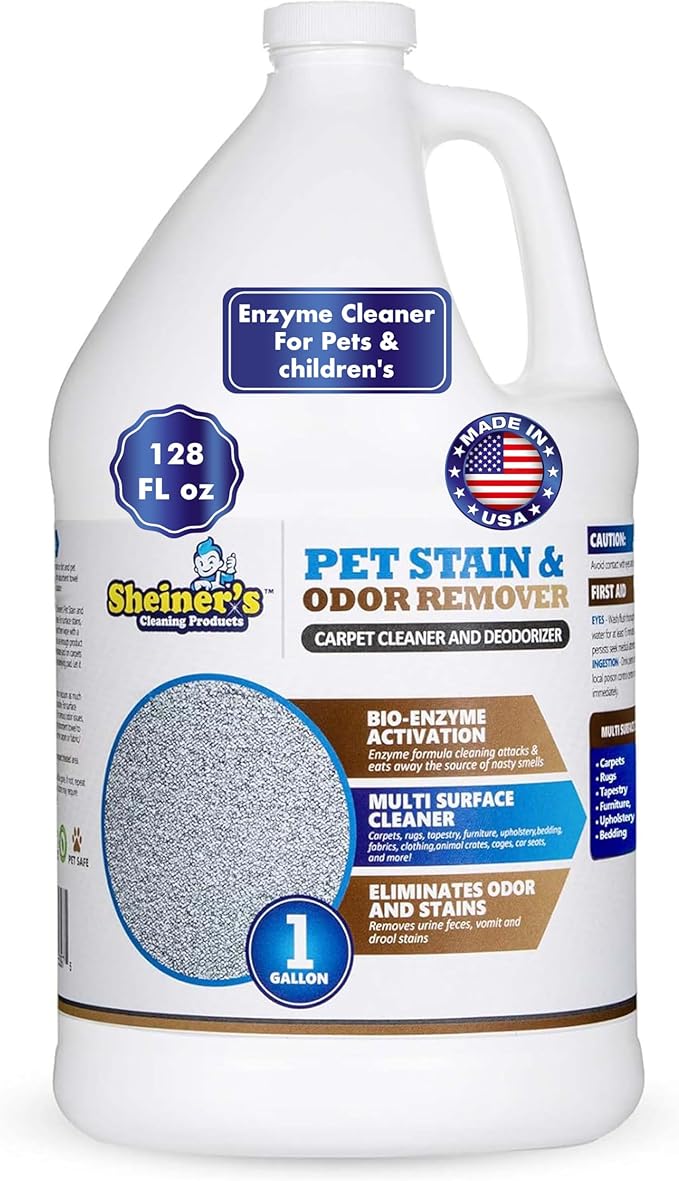 Sheiner's Pet Urine Enzyme Cleaner & Pet Stain & Odor Remover, Advanced Enzymatic Cleaner Solution for Carpets, Rugs, Upholstery & Multi-Surfaces, Safe for Pets & Kids. (128 oz)