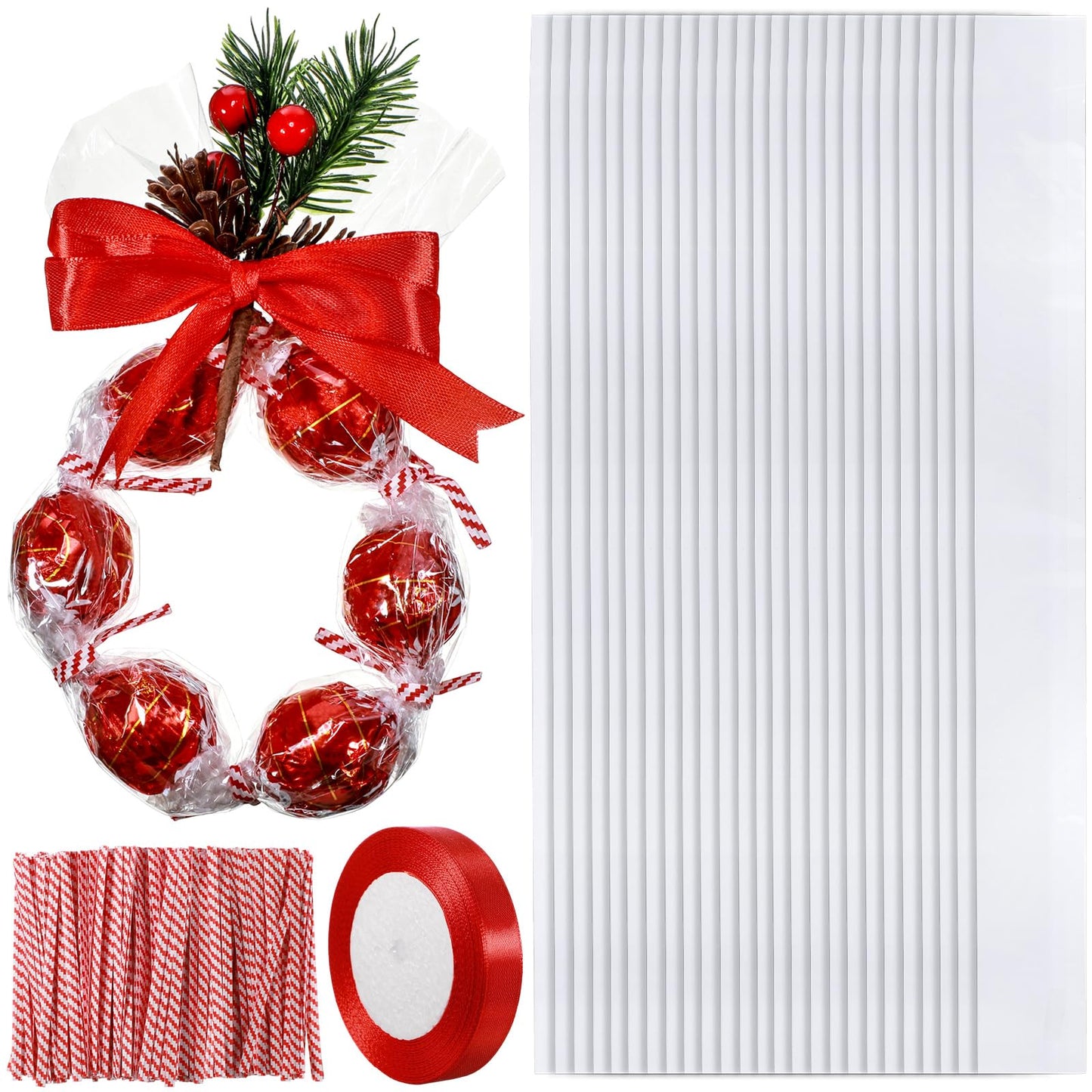 Dunzoom 50/100 Set 2'' x 24'' Christmas Candy Wrapping Gifts Treat Bags Set Plastic Transparent Bags with Twist Tie and Loop of Ribbon for Xmas Party Favors Chocolates Candy Wreath Making Kit